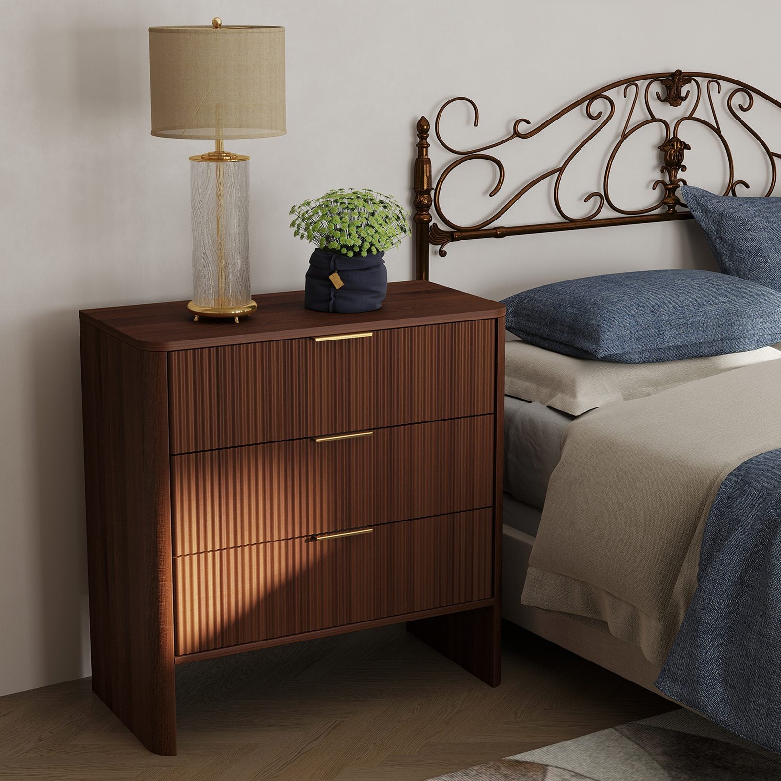 Wooden Cabinet with 3 Drawers Wavy Pattern Modern Bedside Cupboard Dressing Table for Bedroom 78CM Long Walnut Color