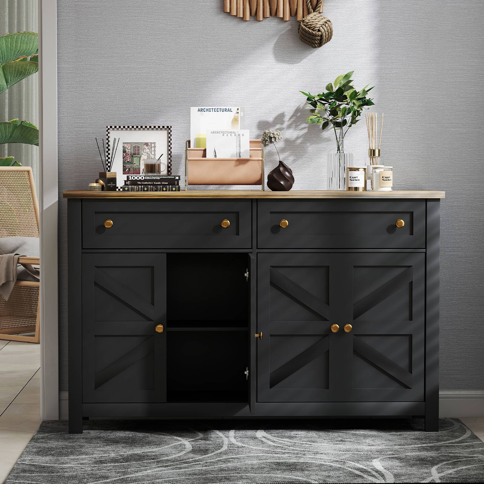 55.1in Sideboard Buffet Cabinet Kitchen Storage Sideboard with Drawers Doors Modern Farmhouse Coffee Bar Cabinet for Dining Room Living Room Black