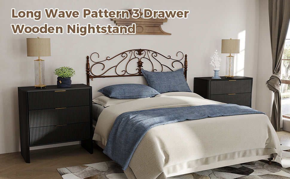 Wooden Cabinet with 3 Drawers Wavy Pattern Modern Bedside Cupboard Dressing Table for Bedroom 78CM Long Black Color