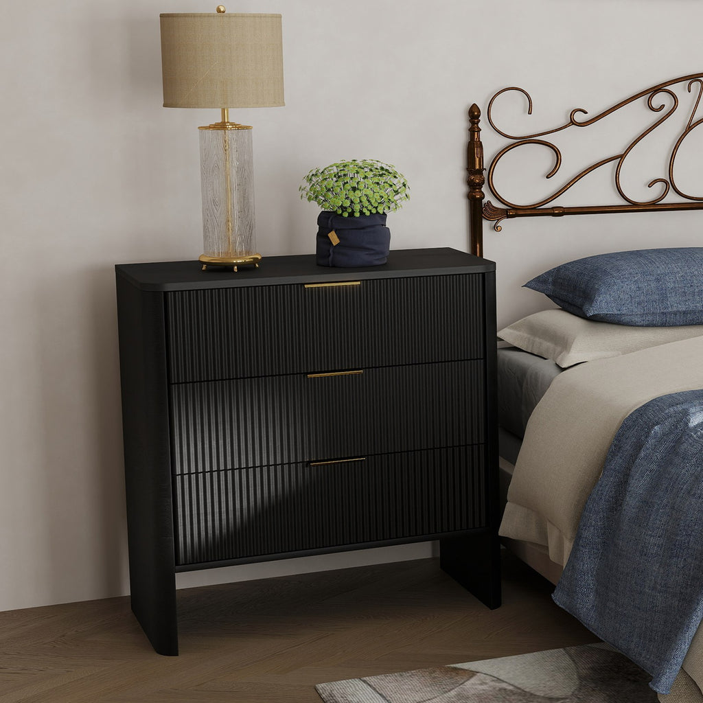 Wooden Cabinet with 3 Drawers Wavy Pattern Modern Bedside Cupboard Dressing Table for Bedroom 78CM Long Black Color