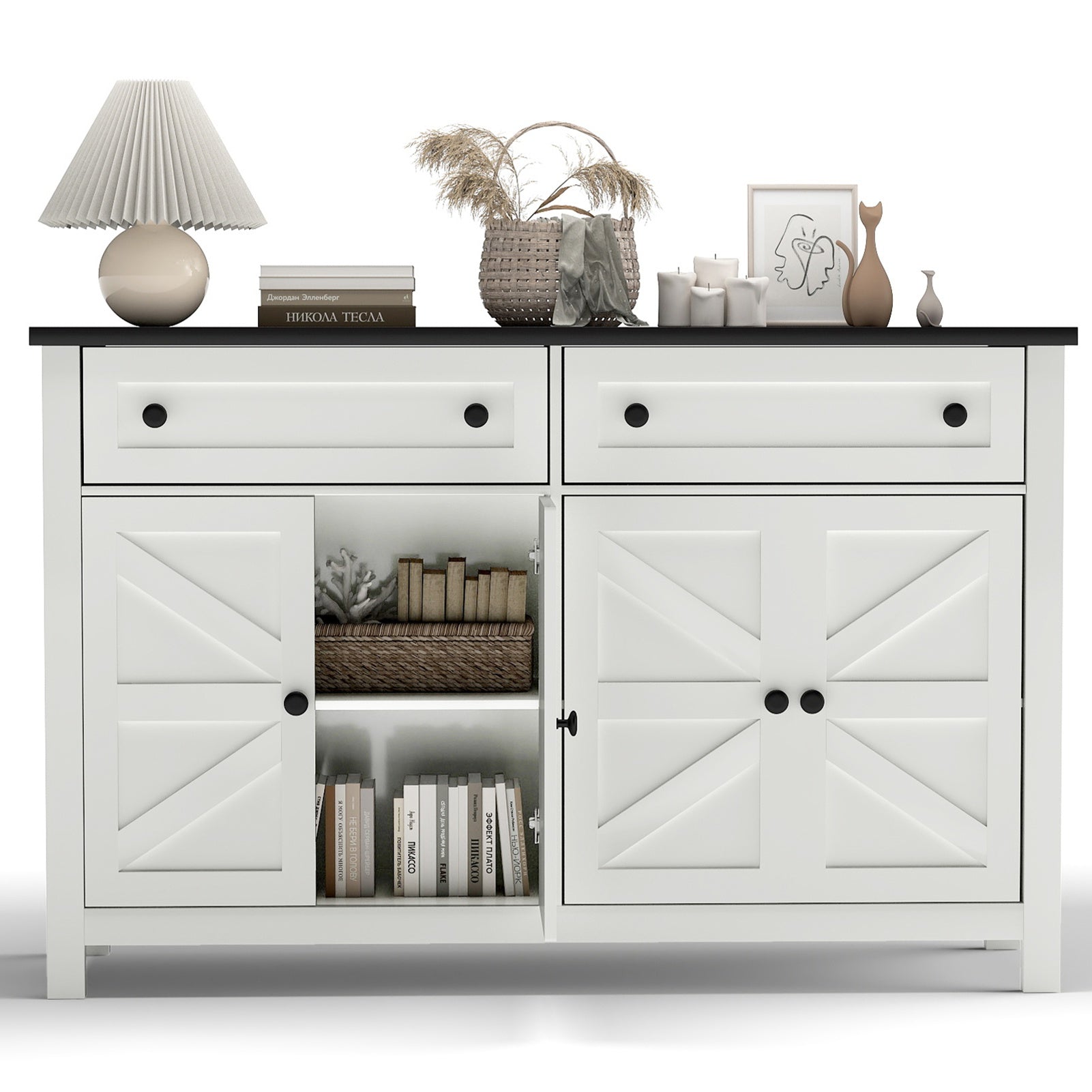 55.1in Sideboard Buffet Cabinet Kitchen Storage Sideboard with Drawers Doors Modern Farmhouse Coffee Bar Cabinet for Dining Room Living Room White
