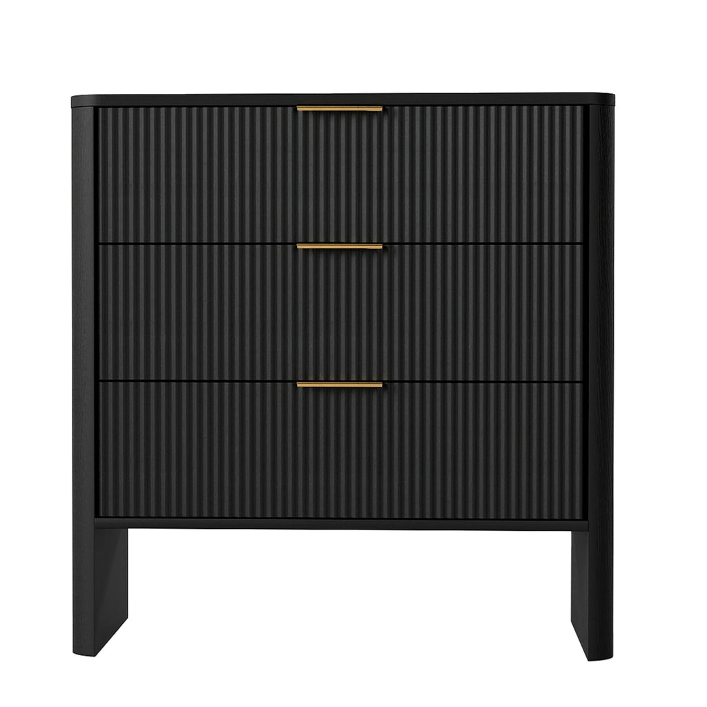 Wooden Cabinet with 3 Drawers Wavy Pattern Modern Bedside Cupboard Dressing Table for Bedroom 78CM Long Black Color