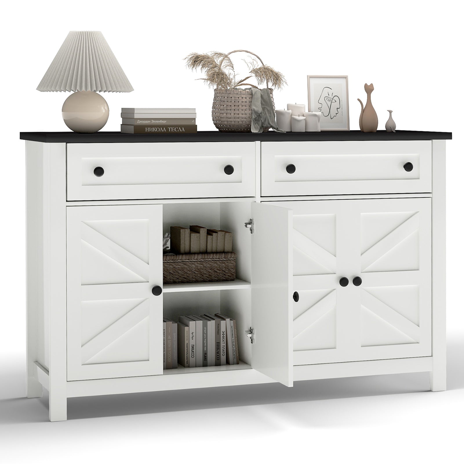 55.1in Sideboard Buffet Cabinet Kitchen Storage Sideboard with Drawers Doors Modern Farmhouse Coffee Bar Cabinet for Dining Room Living Room White