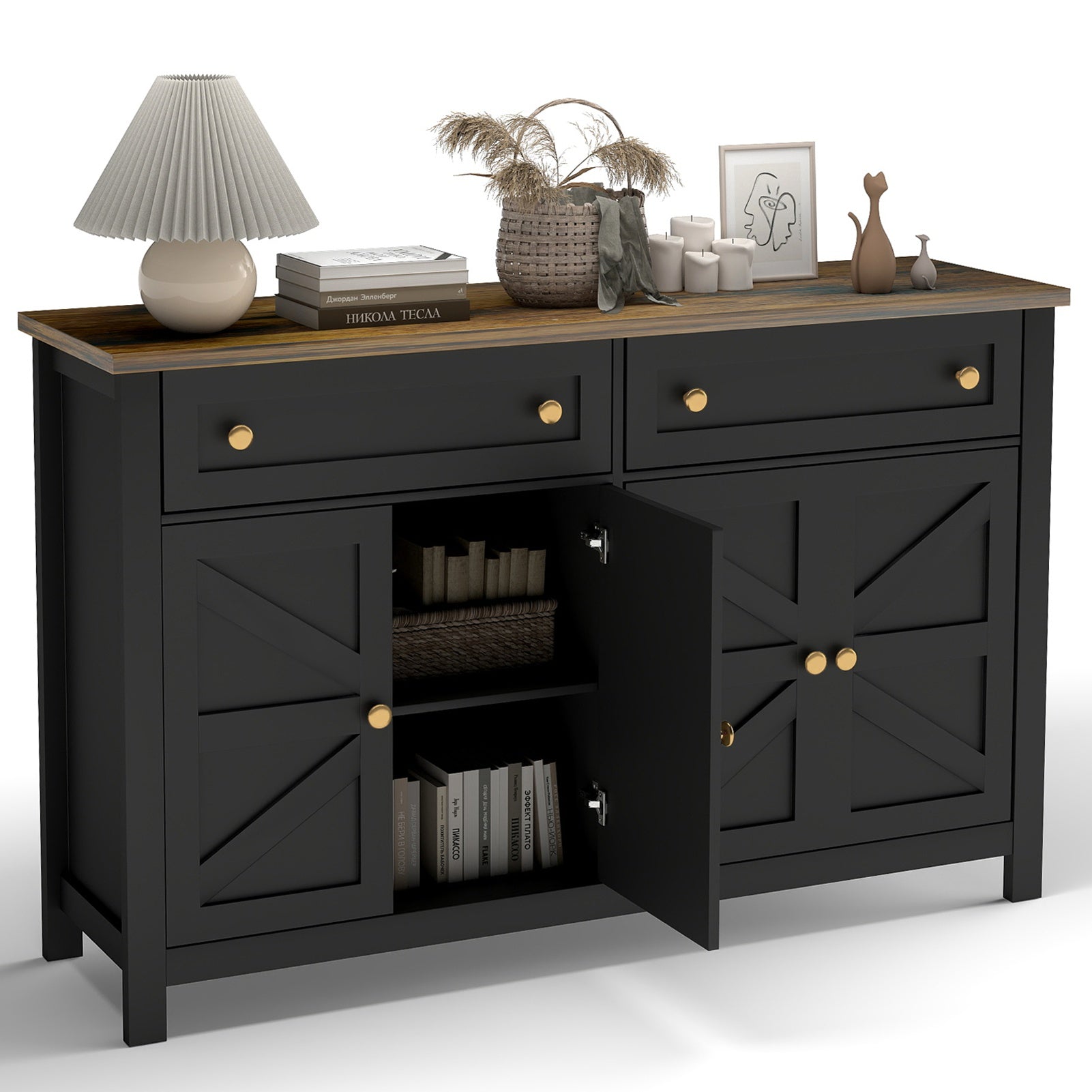 55.1in Sideboard Buffet Cabinet Kitchen Storage Sideboard with Drawers Doors Modern Farmhouse Coffee Bar Cabinet for Dining Room Living Room Black