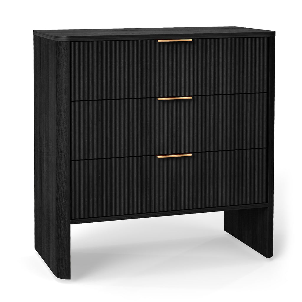 Wooden Cabinet with 3 Drawers Wavy Pattern Modern Bedside Cupboard Dressing Table for Bedroom 78CM Long Black Color