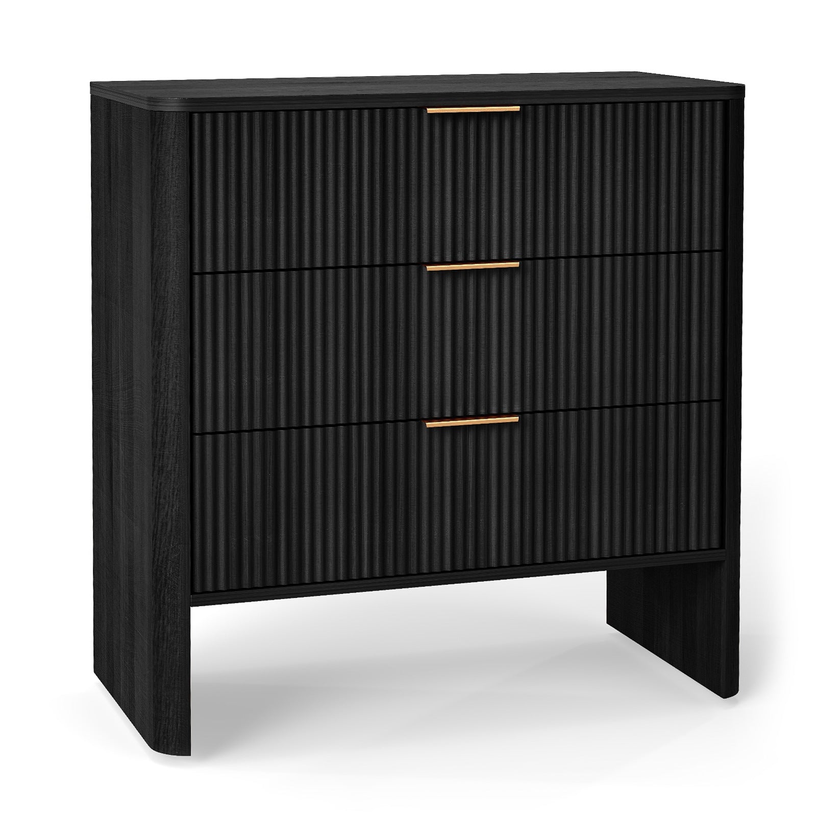 Wooden Cabinet with 3 Drawers Wavy Pattern Modern Bedside Cupboard Dressing Table for Bedroom 78CM Long Black Color