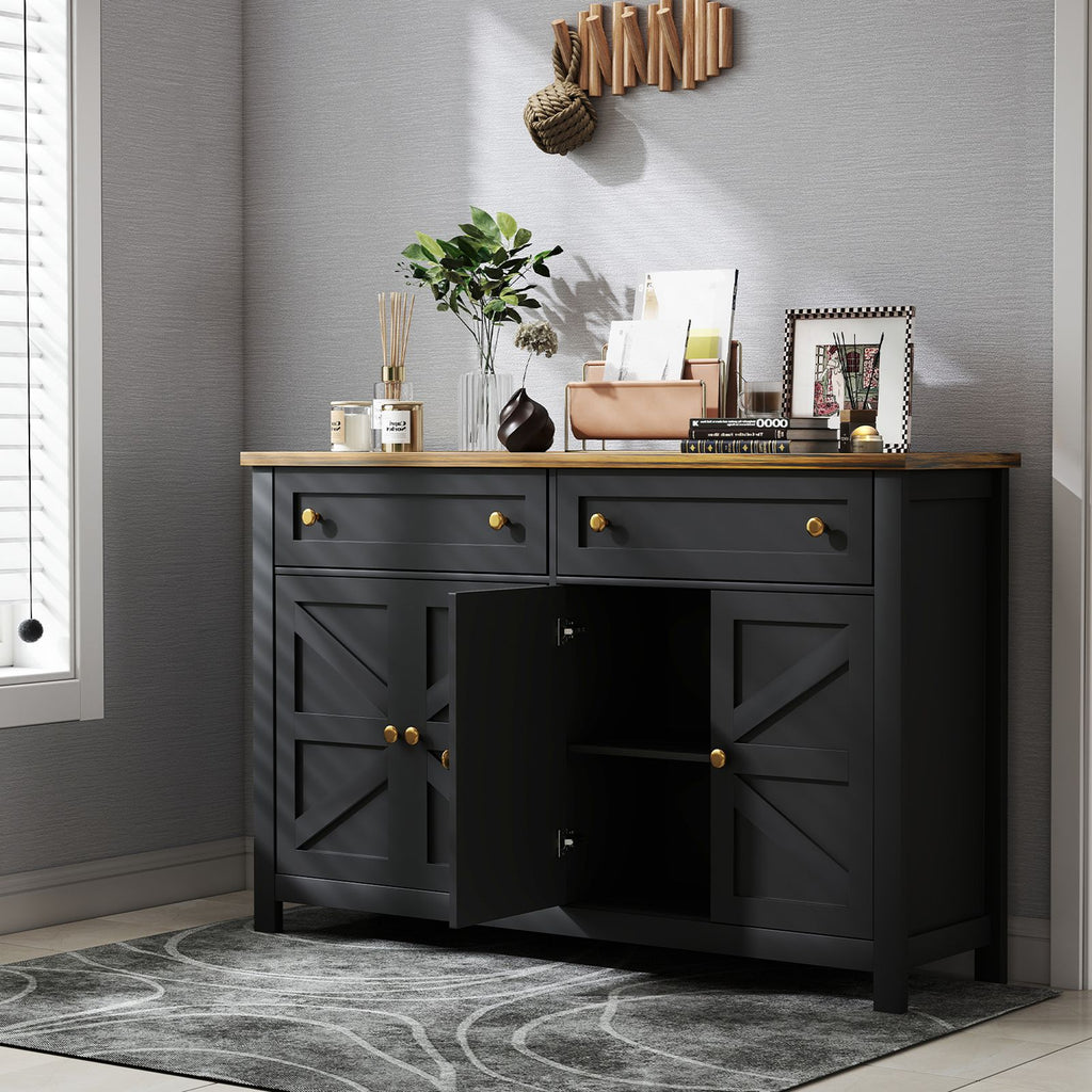 55.1in Sideboard Buffet Cabinet Kitchen Storage Sideboard with Drawers Doors Modern Farmhouse Coffee Bar Cabinet for Dining Room Living Room Black