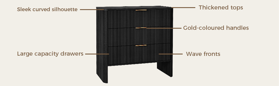 Wooden Cabinet with 3 Drawers Wavy Pattern Modern Bedside Cupboard Dressing Table for Bedroom 78CM Long Black Color