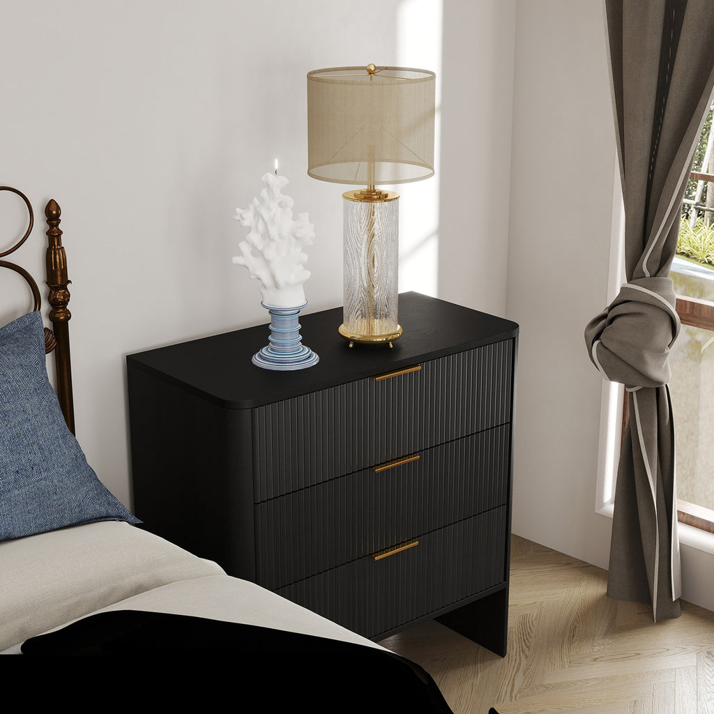 Wooden Cabinet with 3 Drawers Wavy Pattern Modern Bedside Cupboard Dressing Table for Bedroom 78CM Long Black Color
