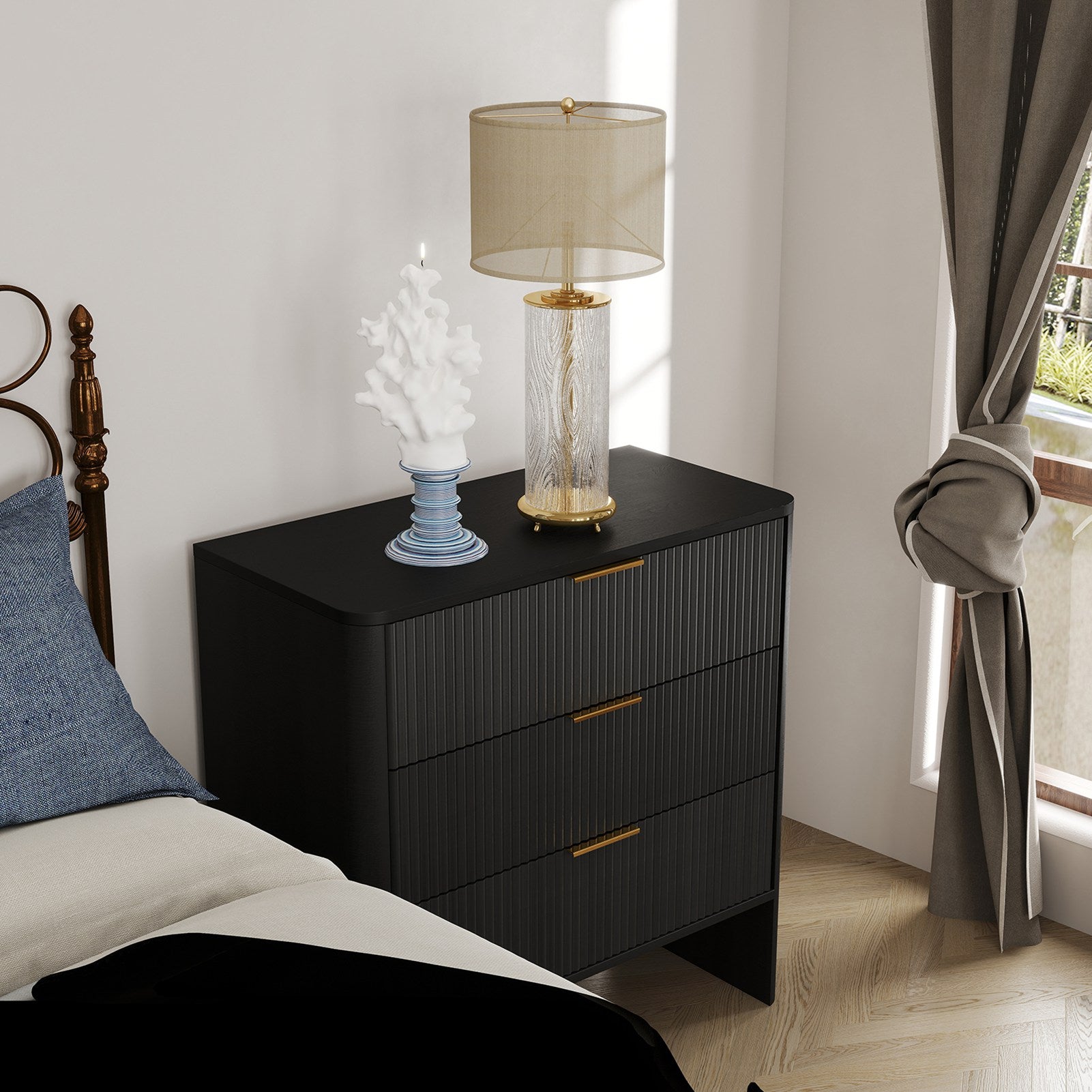 Wooden Cabinet with 3 Drawers Wavy Pattern Modern Bedside Cupboard Dressing Table for Bedroom 78CM Long Black Color