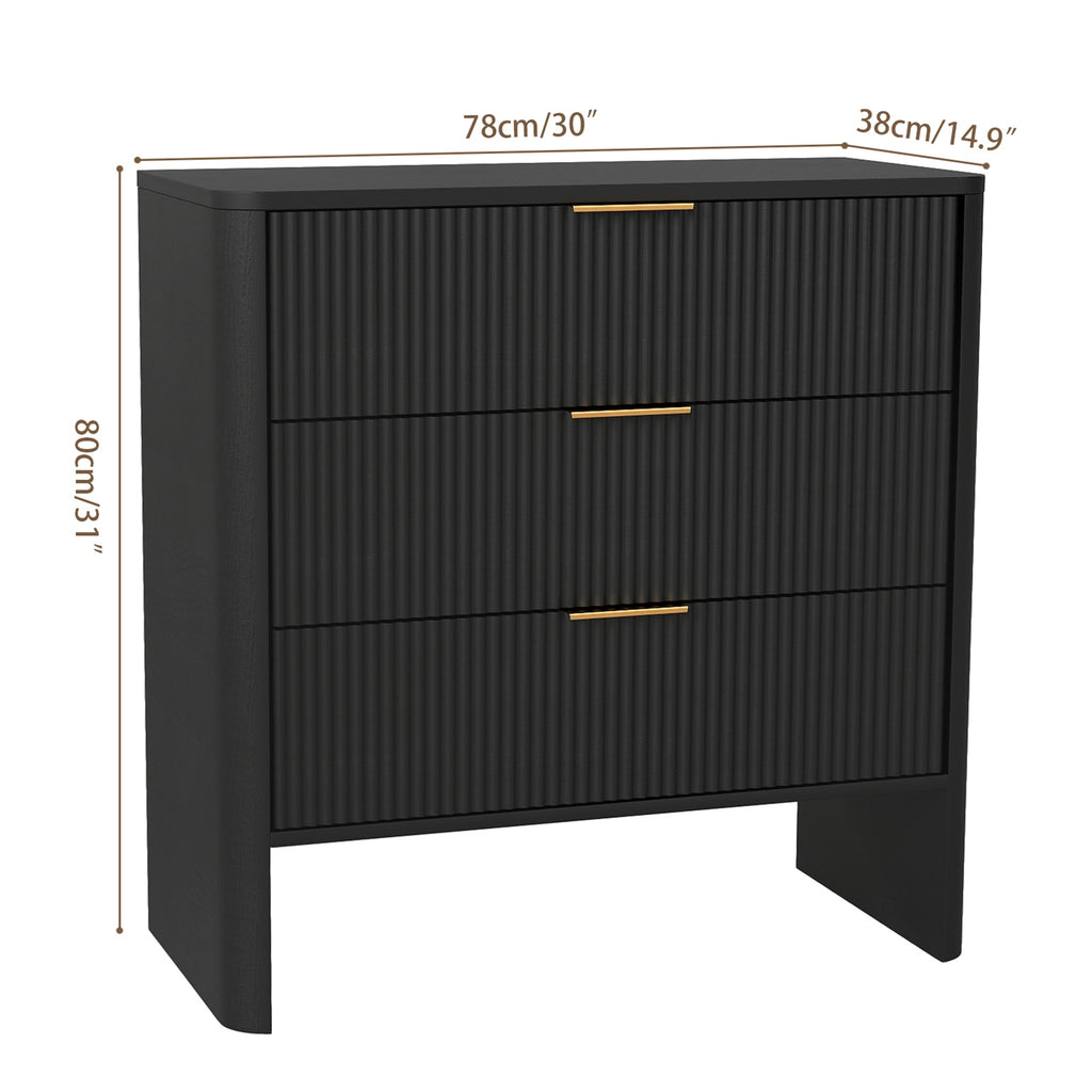 Wooden Cabinet with 3 Drawers Wavy Pattern Modern Bedside Cupboard Dressing Table for Bedroom 78CM Long Black Color