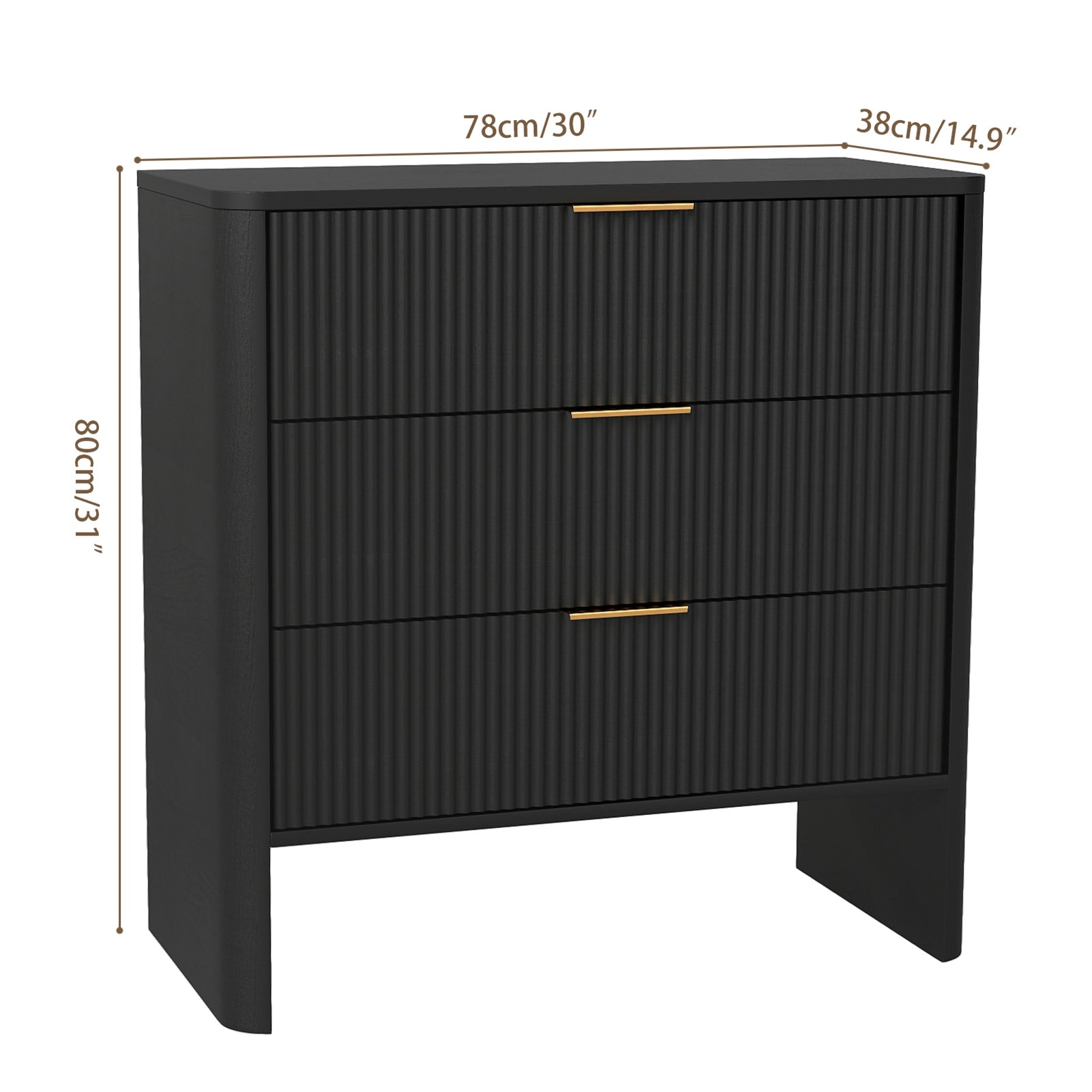 Wooden Cabinet with 3 Drawers Wavy Pattern Modern Bedside Cupboard Dressing Table for Bedroom 78CM Long Black Color
