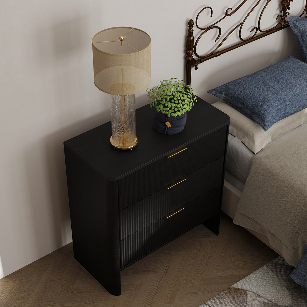 Wooden Cabinet with 3 Drawers Wavy Pattern Modern Bedside Cupboard Dressing Table for Bedroom 78CM Long Black Color