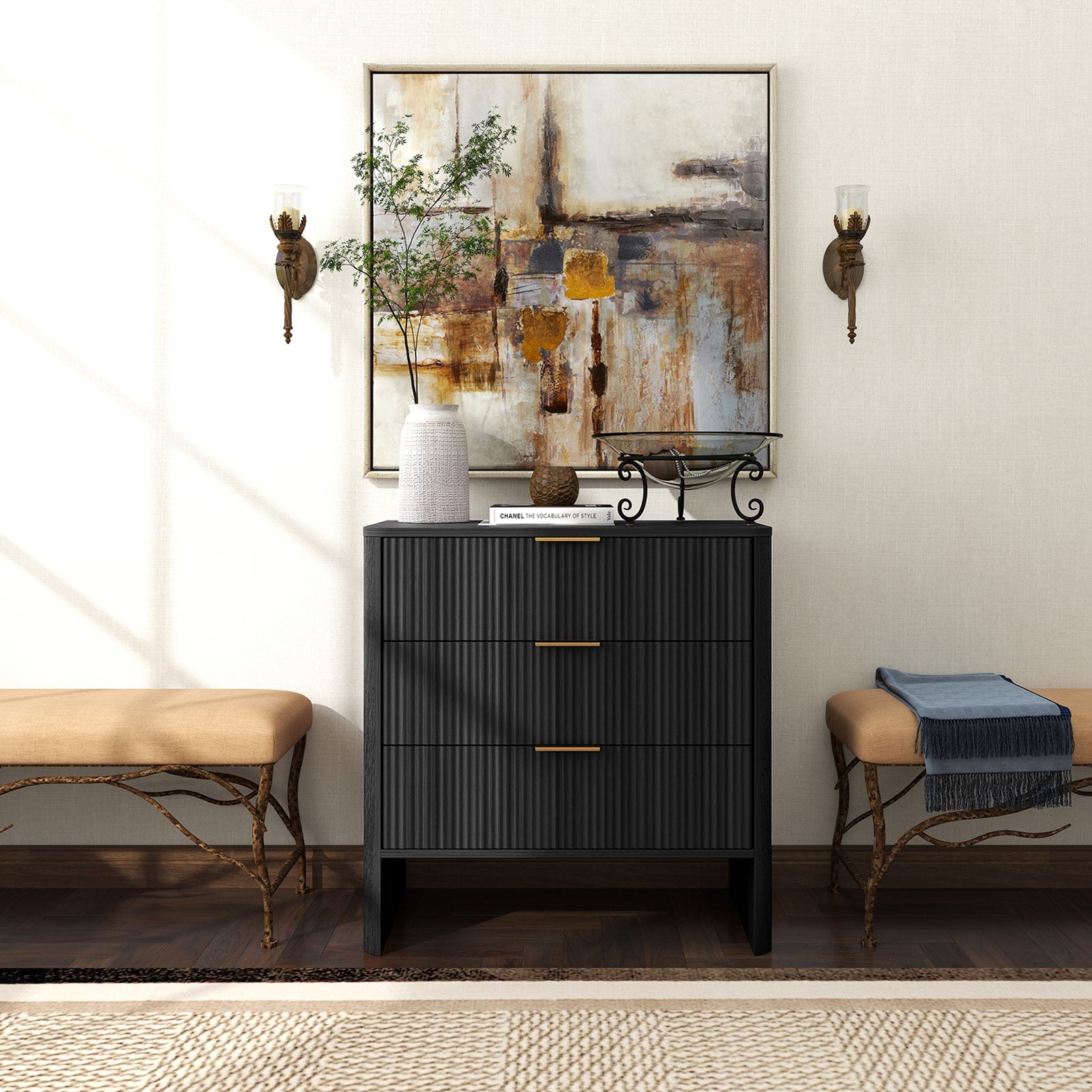 Wooden Cabinet with 3 Drawers Wavy Pattern Modern Bedside Cupboard Dressing Table for Bedroom 78CM Long Black Color
