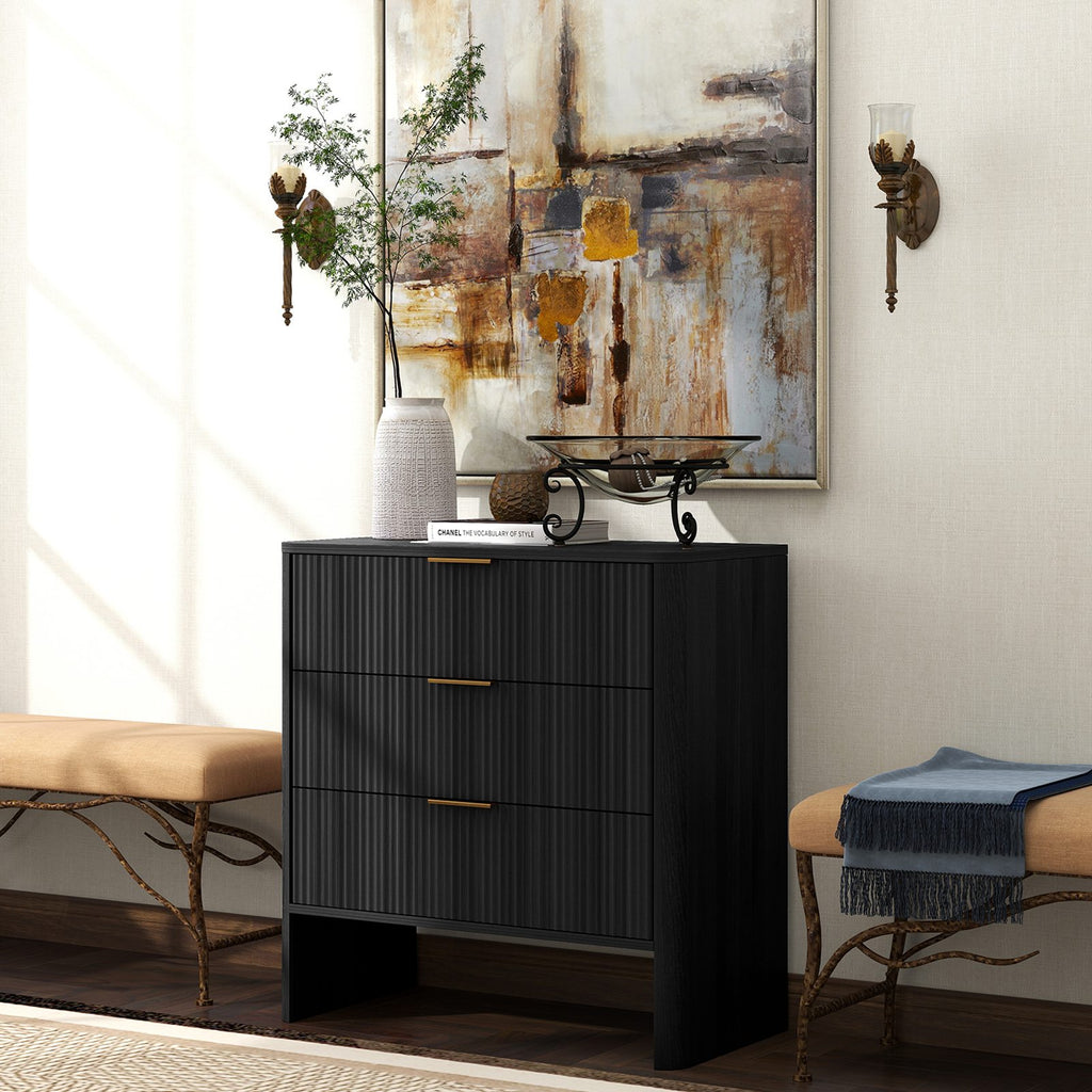 Wooden Cabinet with 3 Drawers Wavy Pattern Modern Bedside Cupboard Dressing Table for Bedroom 78CM Long Black Color