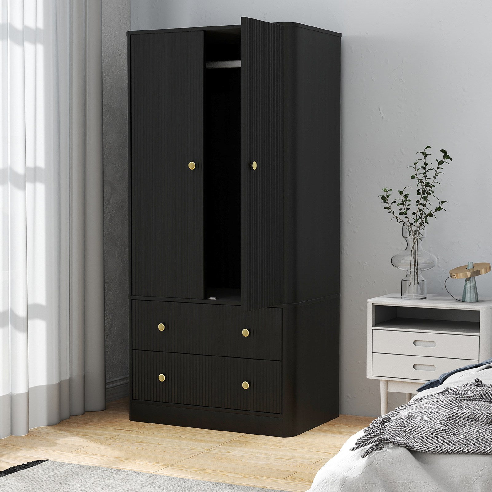 Clothing Wardrobe 2 Doors 2 Drawers Elegant Wooden Freestanding Storage Cabinet for Bedroom Living Room Office