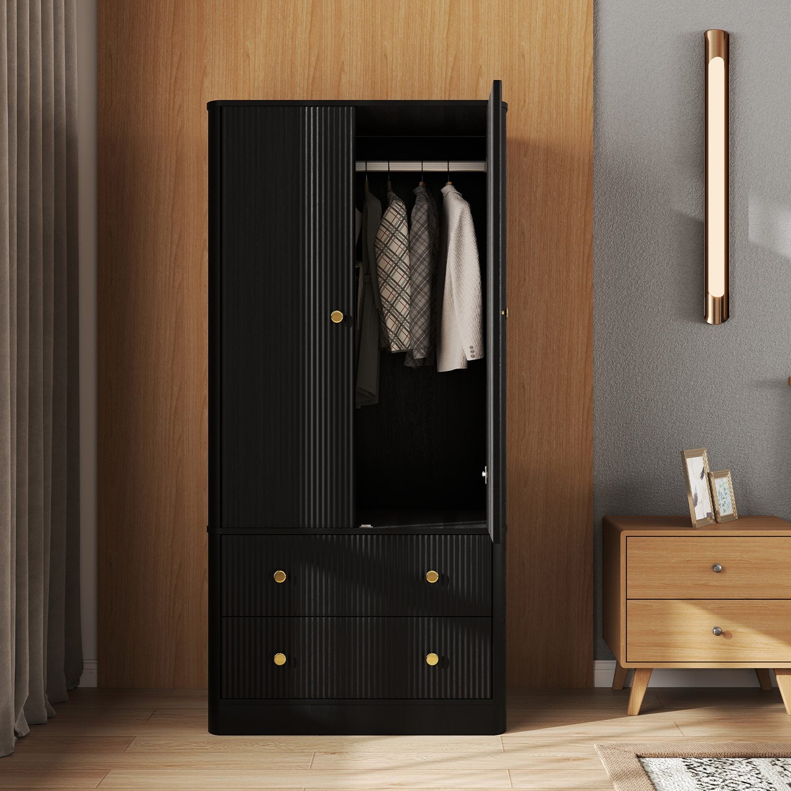 Clothing Wardrobe 2 Doors 2 Drawers Elegant Wooden Freestanding Storage Cabinet for Bedroom Living Room Office