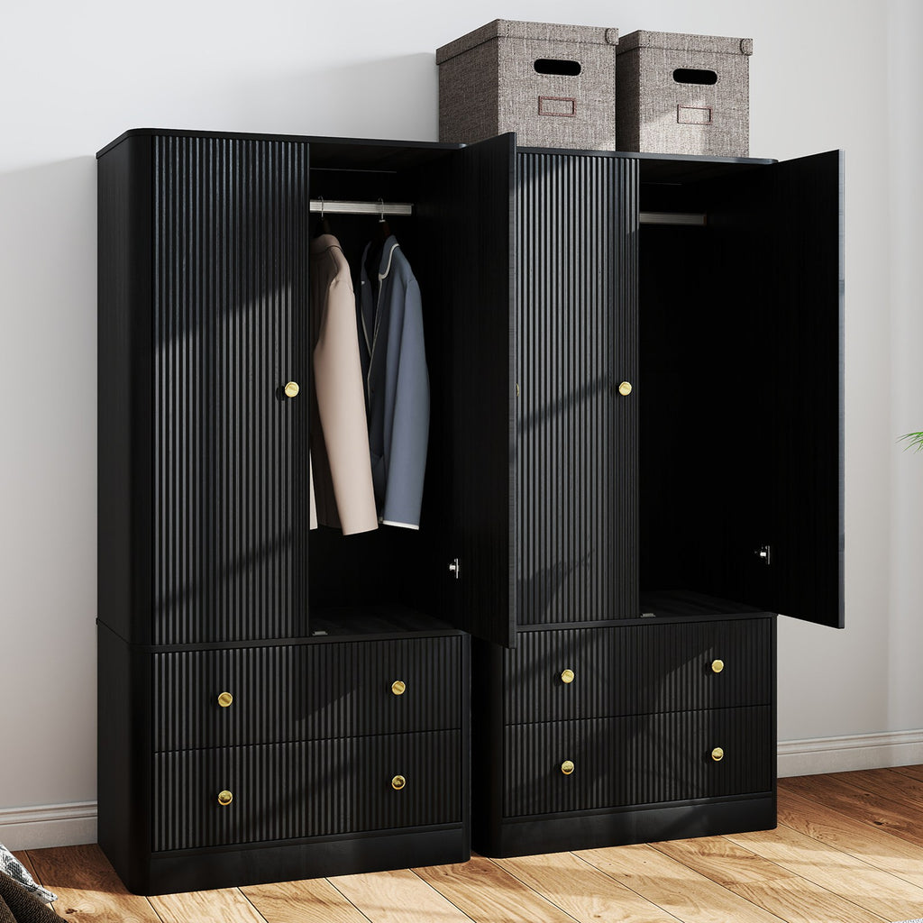 Clothing Wardrobe 2 Doors 2 Drawers Elegant Wooden Freestanding Storage Cabinet for Bedroom Living Room Office