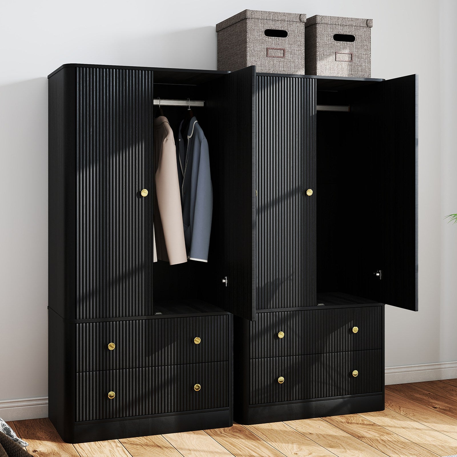 Clothing Wardrobe 2 Doors 2 Drawers Elegant Wooden Freestanding Storage Cabinet for Bedroom Living Room Office