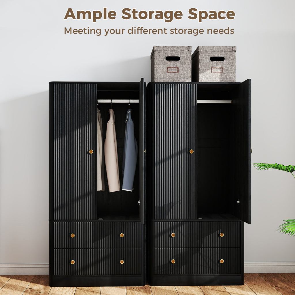 Clothing Wardrobe 2 Doors 2 Drawers Elegant Wooden Freestanding Storage Cabinet for Bedroom Living Room Office