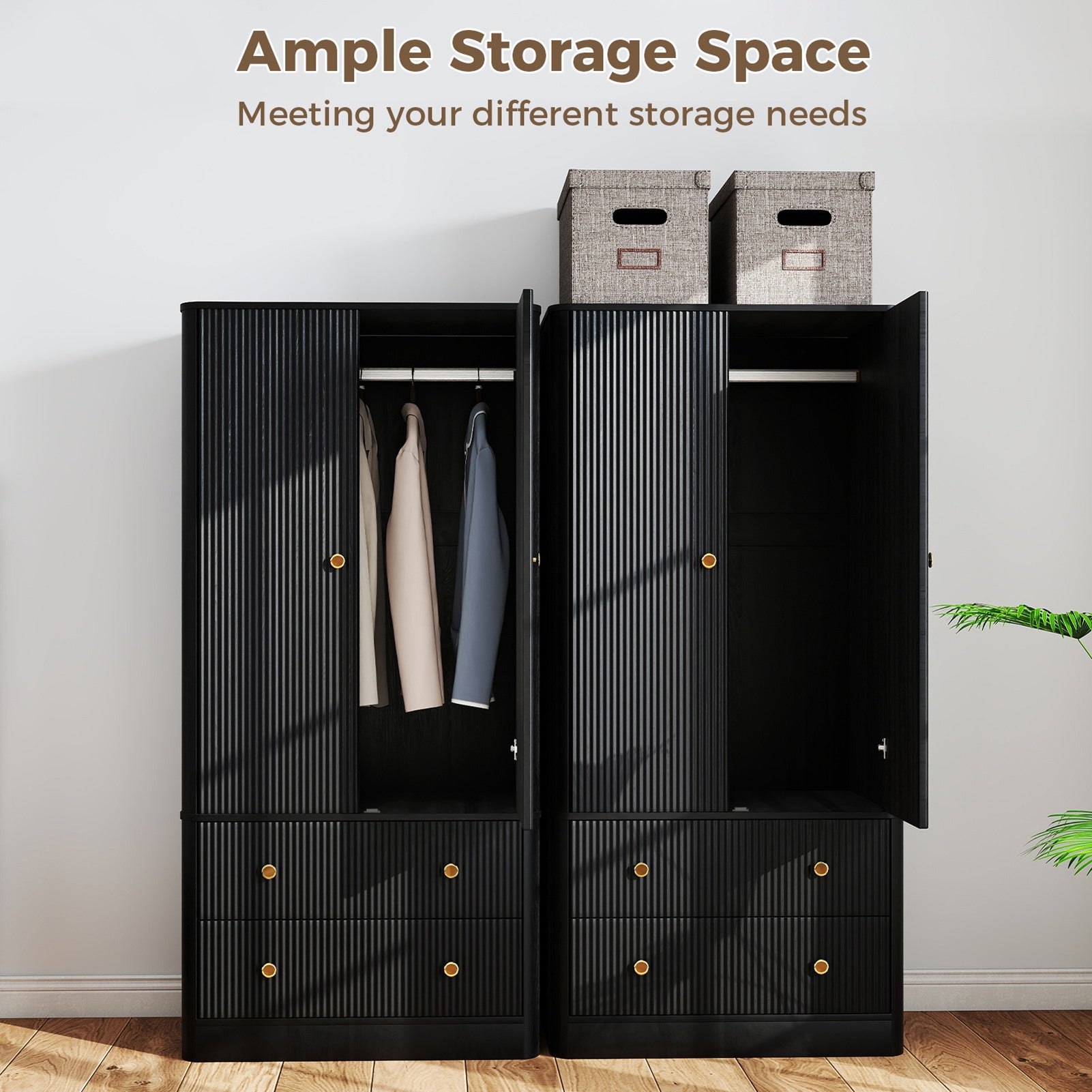 Clothing Wardrobe 2 Doors 2 Drawers Elegant Wooden Freestanding Storage Cabinet for Bedroom Living Room Office