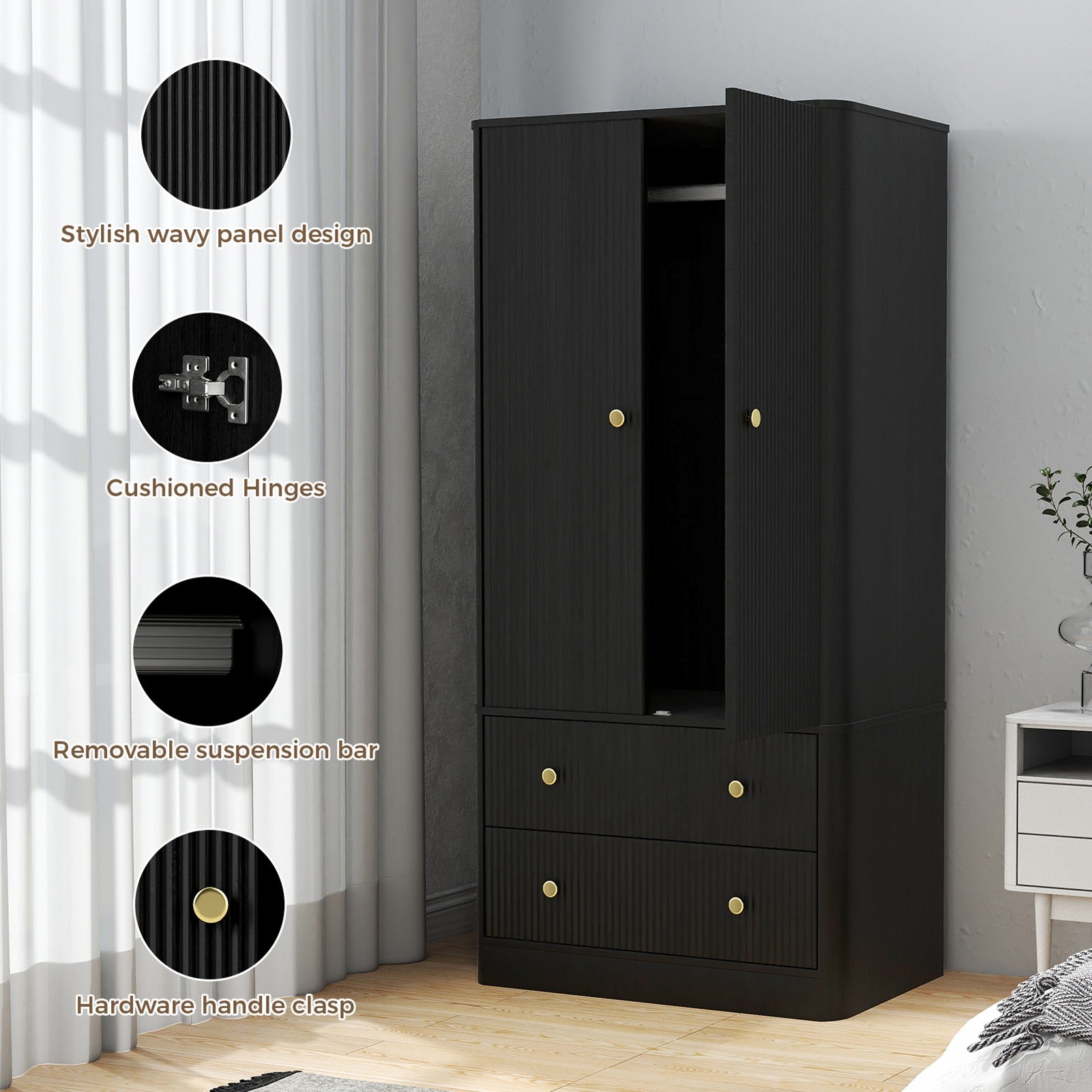 Clothing Wardrobe 2 Doors 2 Drawers Elegant Wooden Freestanding Storage Cabinet for Bedroom Living Room Office