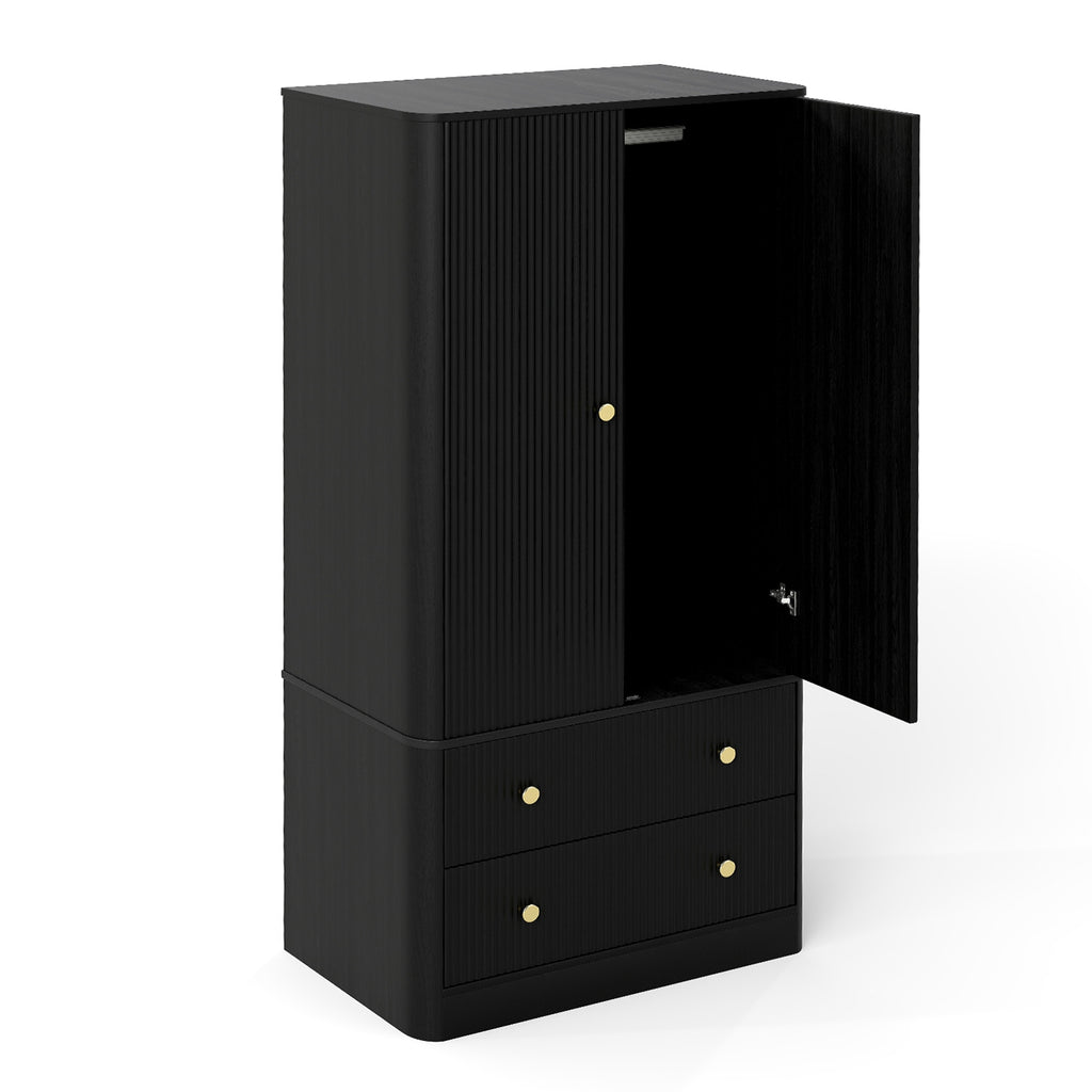 Clothing Wardrobe 2 Doors 2 Drawers Elegant Wooden Freestanding Storage Cabinet for Bedroom Living Room Office
