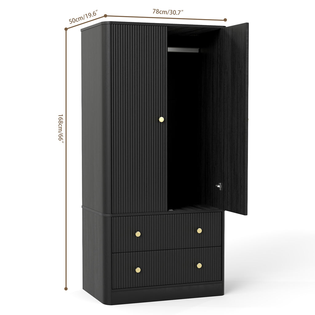 Clothing Wardrobe 2 Doors 2 Drawers Elegant Wooden Freestanding Storage Cabinet for Bedroom Living Room Office