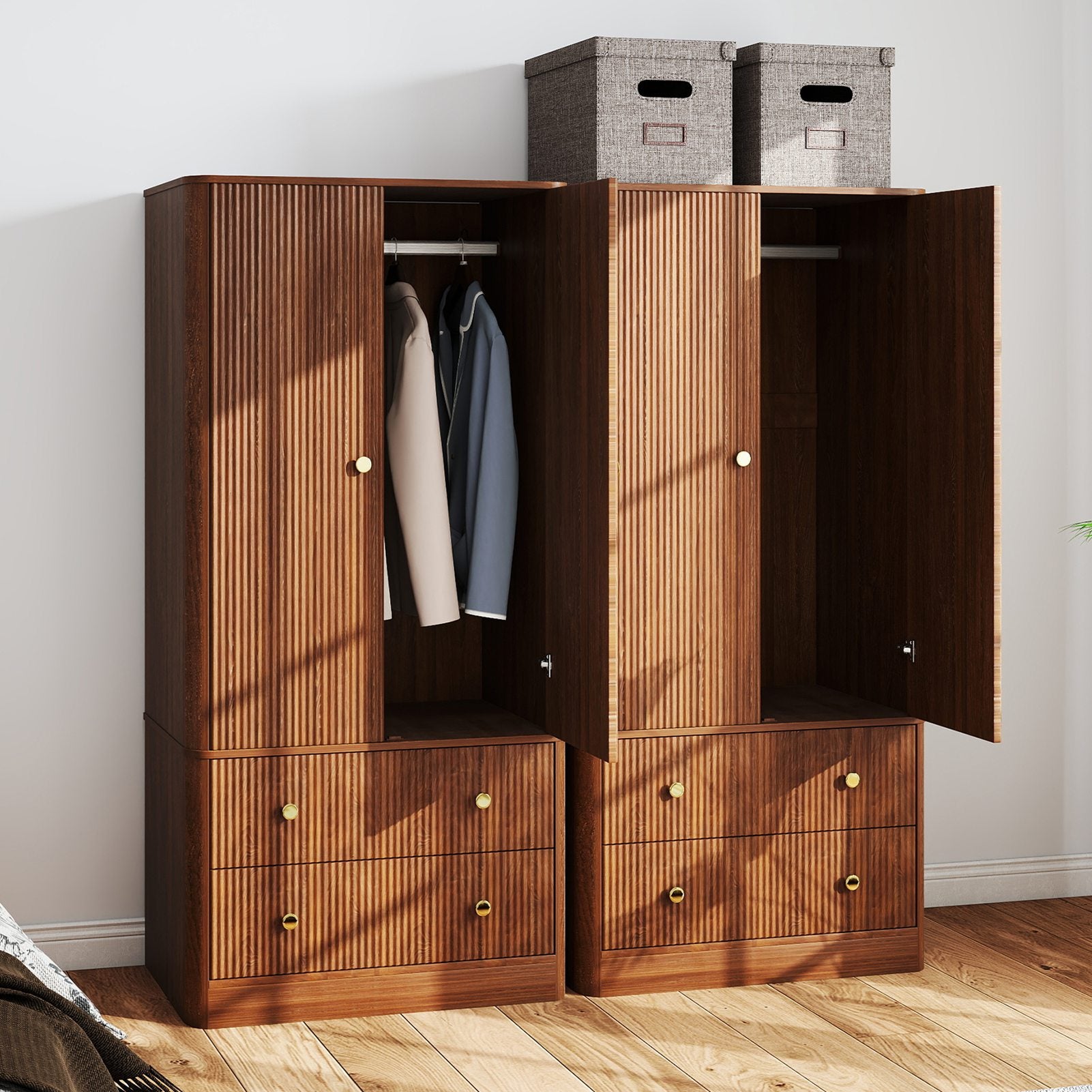Clothing Wardrobe 2 Doors 2 Drawers Elegant Wooden Freestanding Storage Cabinet for Bedroom Living Room Office