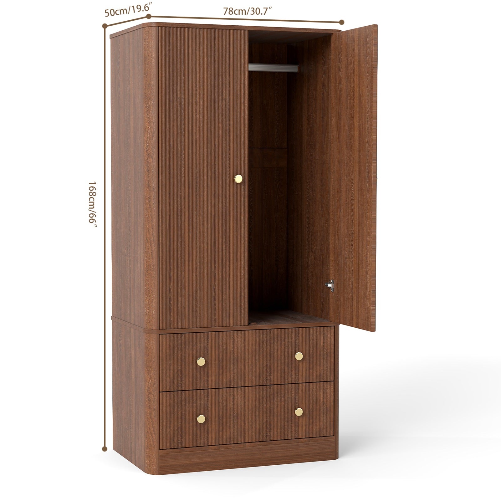 Clothing Wardrobe 2 Doors 2 Drawers Elegant Wooden Freestanding Storage Cabinet for Bedroom Living Room Office