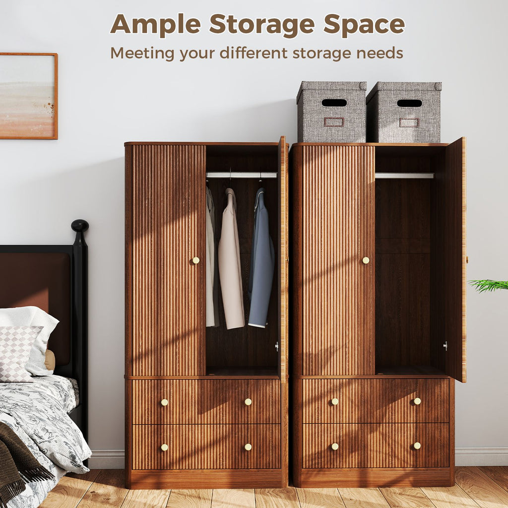 Clothing Wardrobe 2 Doors 2 Drawers Elegant Wooden Freestanding Storage Cabinet for Bedroom Living Room Office