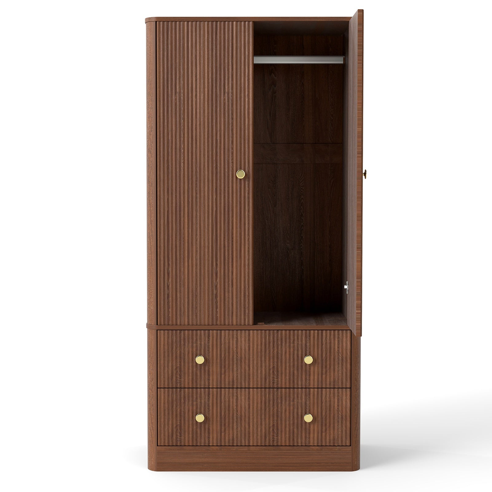 Clothing Wardrobe 2 Doors 2 Drawers Elegant Wooden Freestanding Storage Cabinet for Bedroom Living Room Office