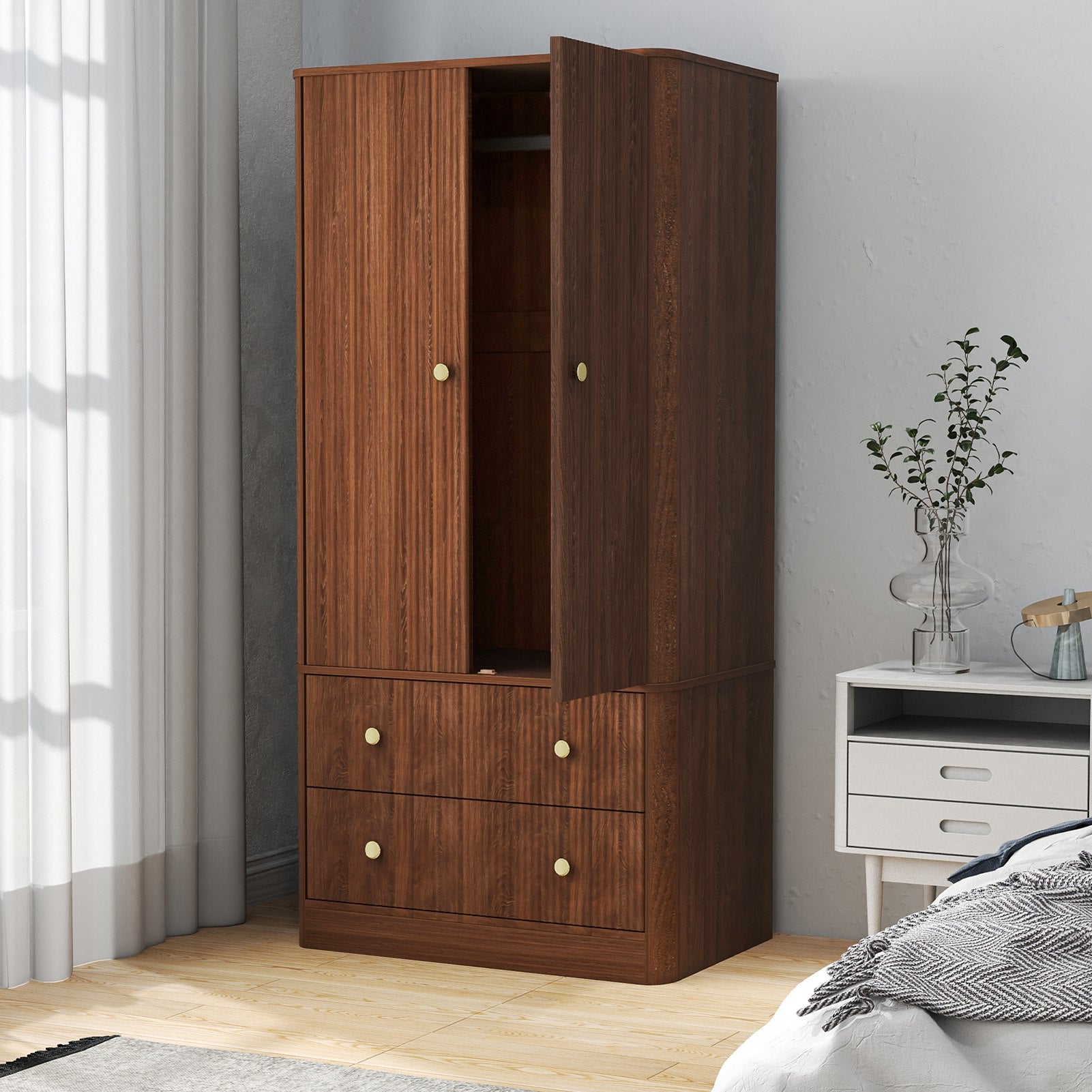 Clothing Wardrobe 2 Doors 2 Drawers Elegant Wooden Freestanding Storage Cabinet for Bedroom Living Room Office