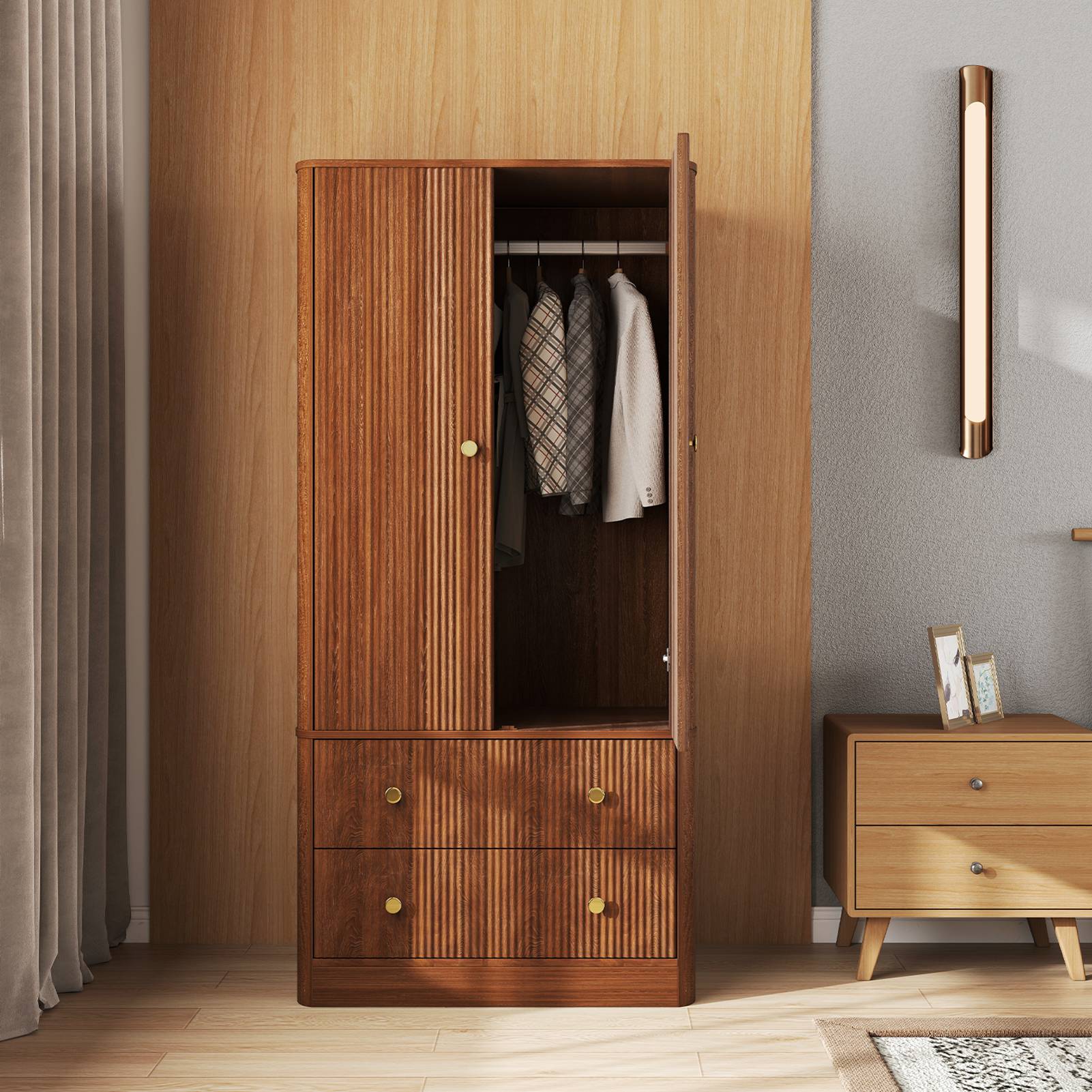 Clothing Wardrobe 2 Doors 2 Drawers Elegant Wooden Freestanding Storage Cabinet for Bedroom Living Room Office