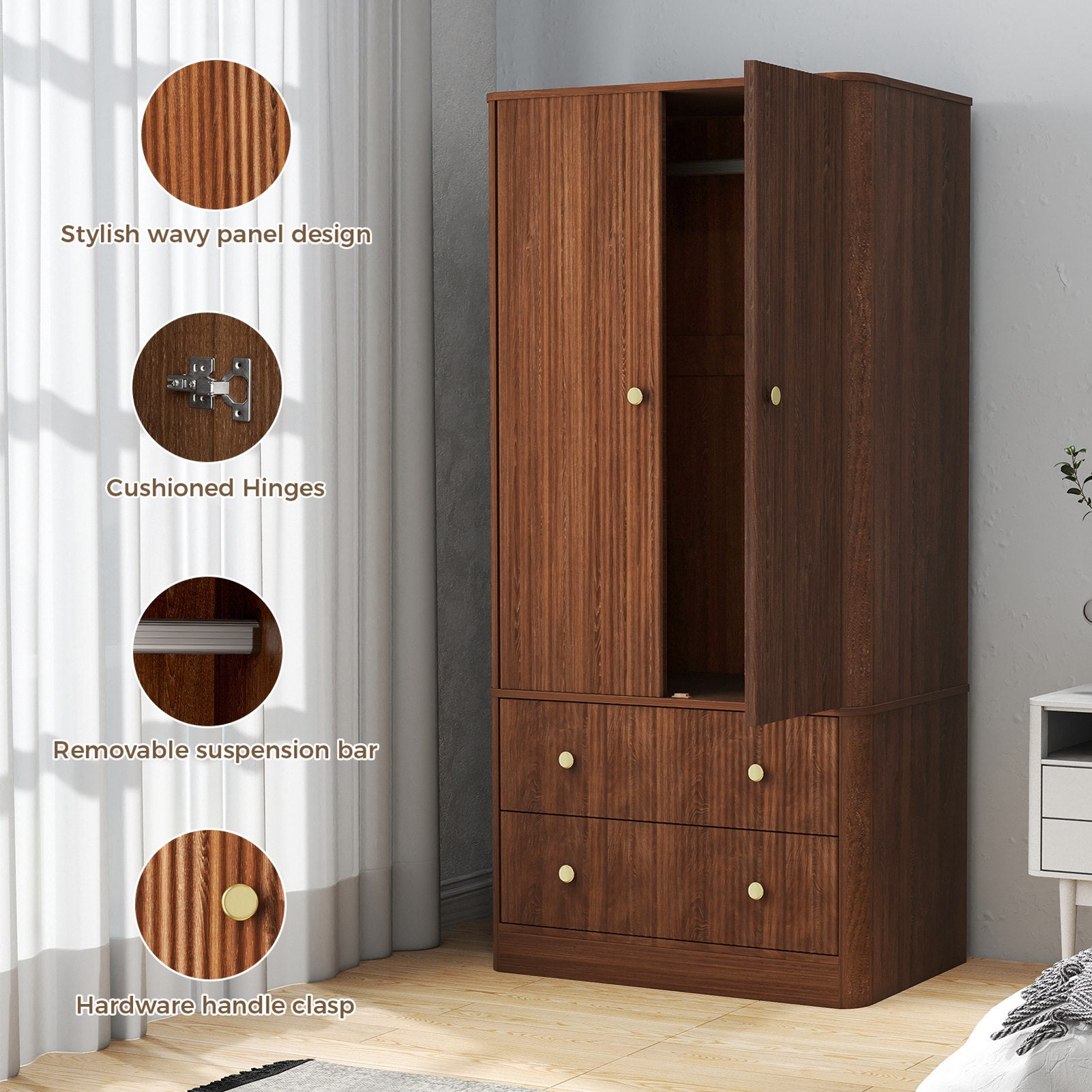 Clothing Wardrobe 2 Doors 2 Drawers Elegant Wooden Freestanding Storage Cabinet for Bedroom Living Room Office