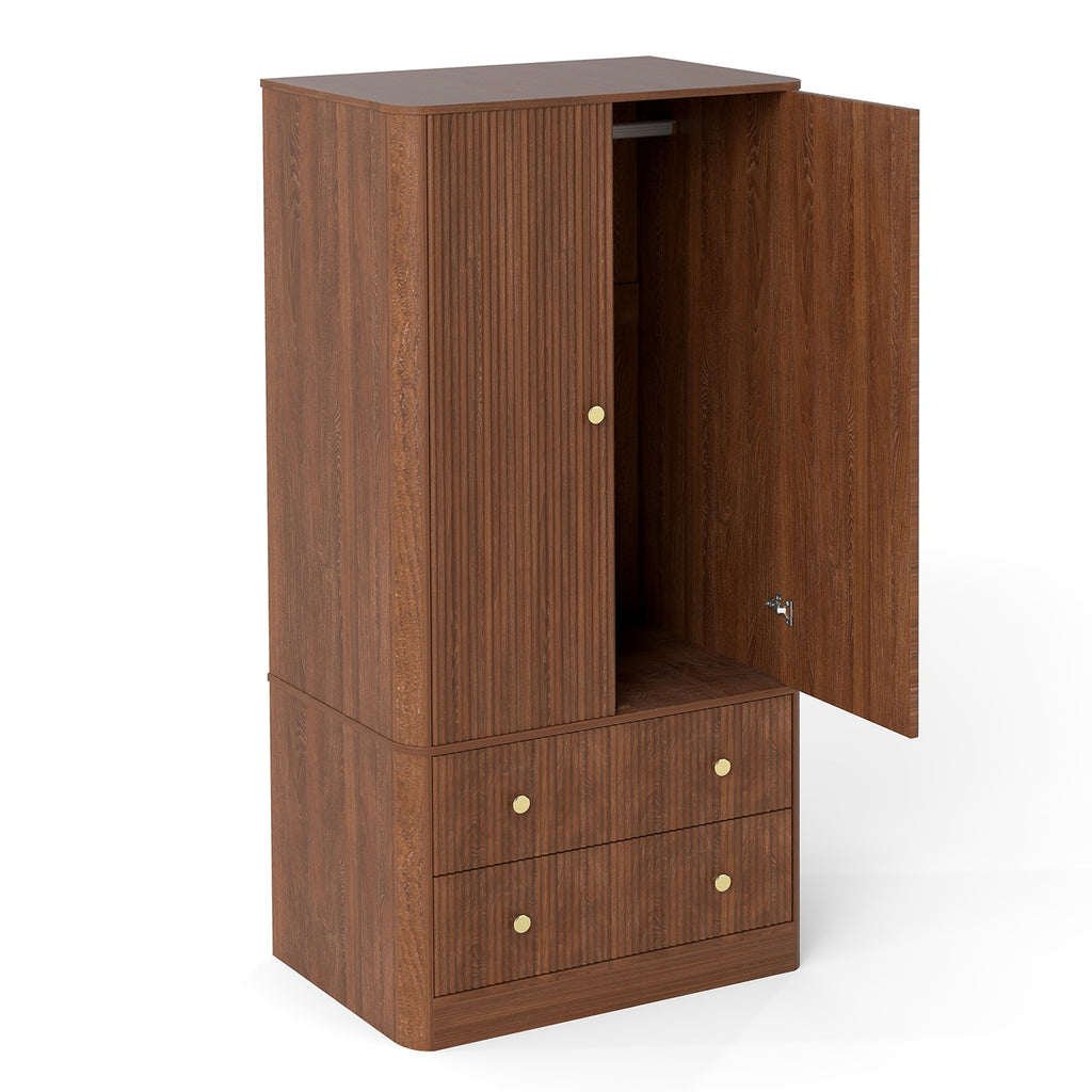 Clothing Wardrobe 2 Doors 2 Drawers Elegant Wooden Freestanding Storage Cabinet for Bedroom Living Room Office