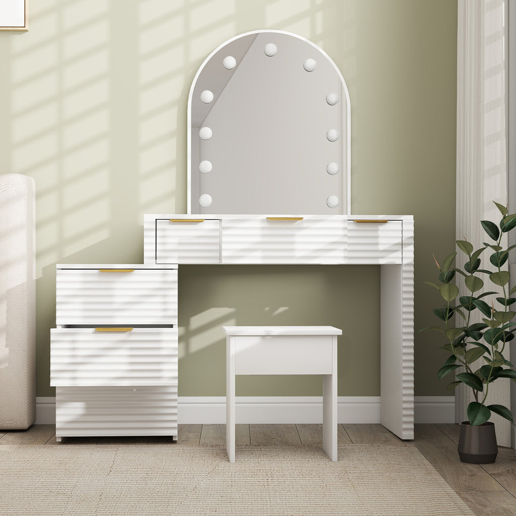 Makeup Vanity Desk with Mirror Lights Glass Tabletop Vanity Table Modern Makeup Desk with Drawers for Bedroom White US Plug