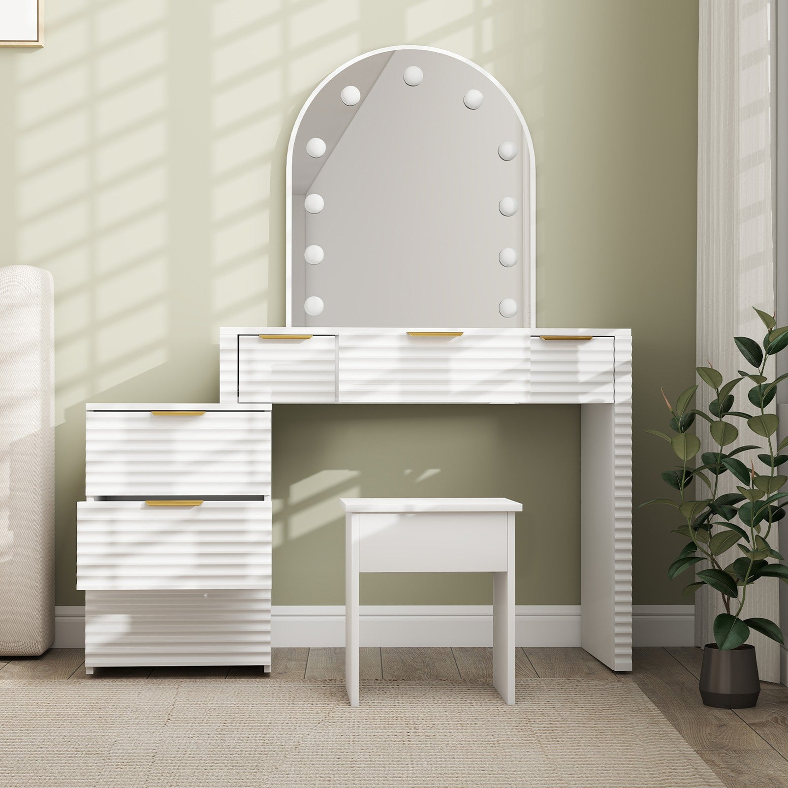 Makeup Vanity Desk with Mirror Lights Glass Tabletop Vanity Table Modern Makeup Desk with Drawers for Bedroom White US Plug