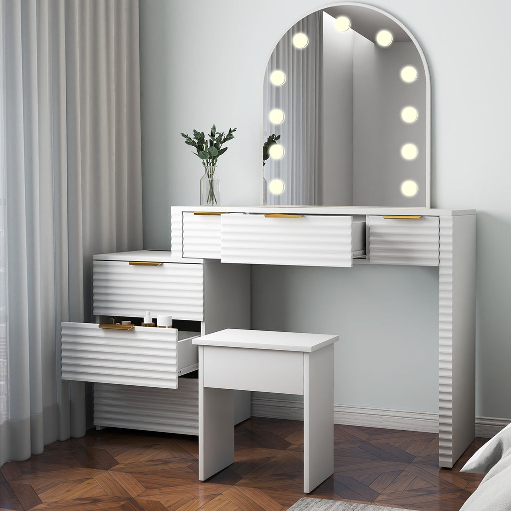Makeup Vanity Desk with Mirror Lights Glass Tabletop Vanity Table Modern Makeup Desk with Drawers for Bedroom White US Plug