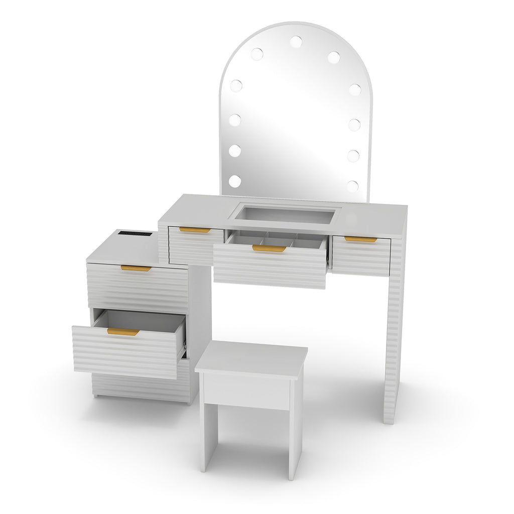 Makeup Vanity Desk with Mirror Lights Glass Tabletop Vanity Table Modern Makeup Desk with Drawers for Bedroom White US Plug