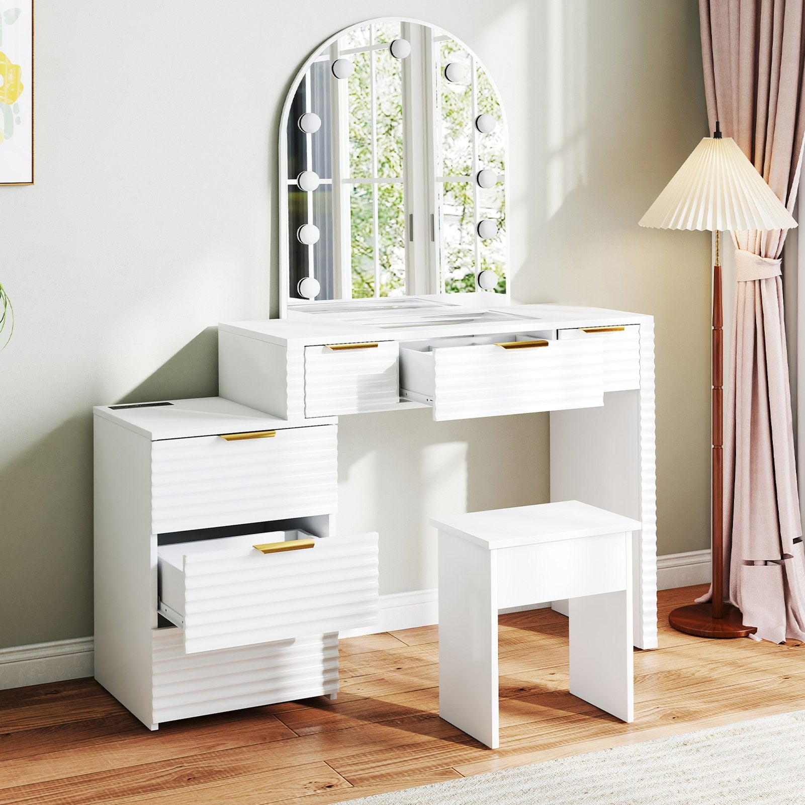 Makeup Vanity Desk with Mirror Lights Glass Tabletop Vanity Table Modern Makeup Desk with Drawers for Bedroom White US Plug