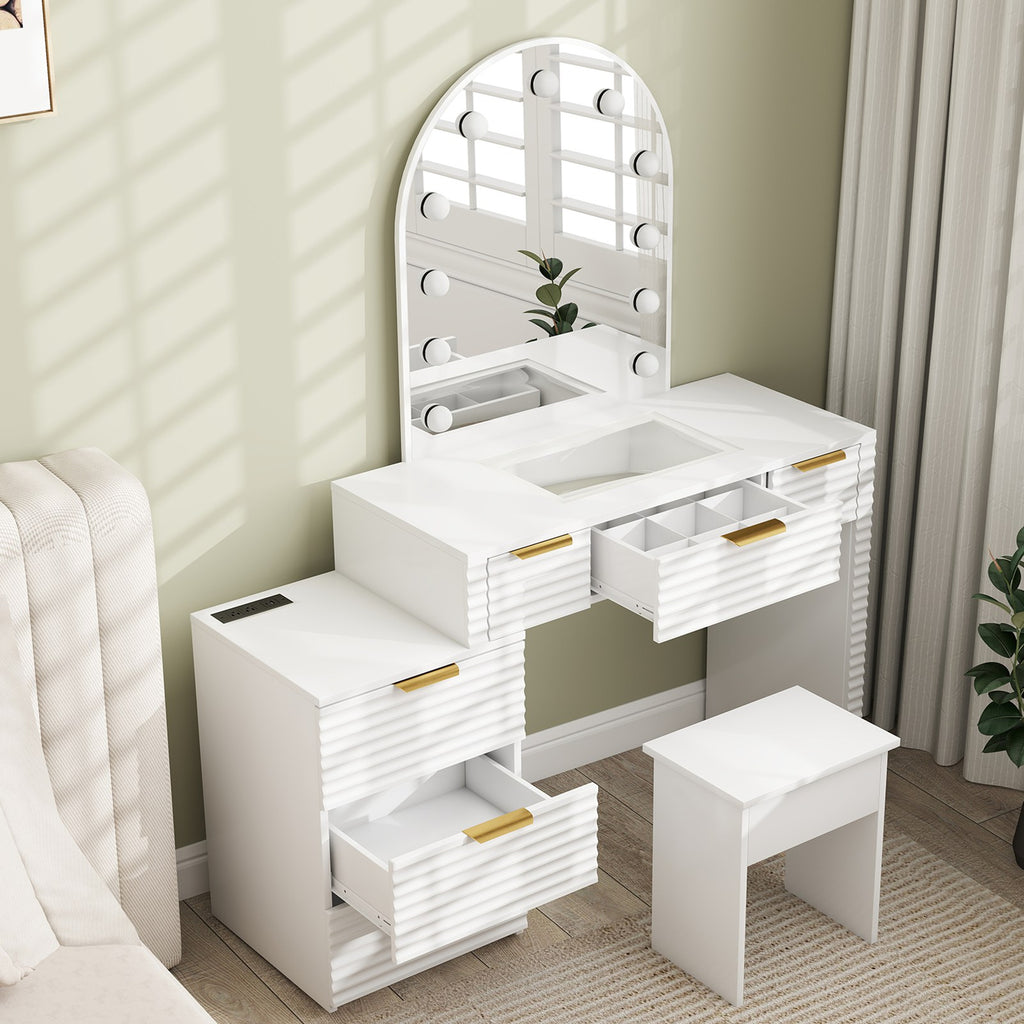 Makeup Vanity Desk with Mirror Lights Glass Tabletop Vanity Table Modern Makeup Desk with Drawers for Bedroom White US Plug