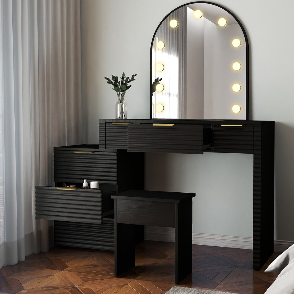 Makeup Vanity Desk with Mirror Lights Glass Tabletop Vanity Table Modern Makeup Desk with Drawers for Bedroom Black US Plug