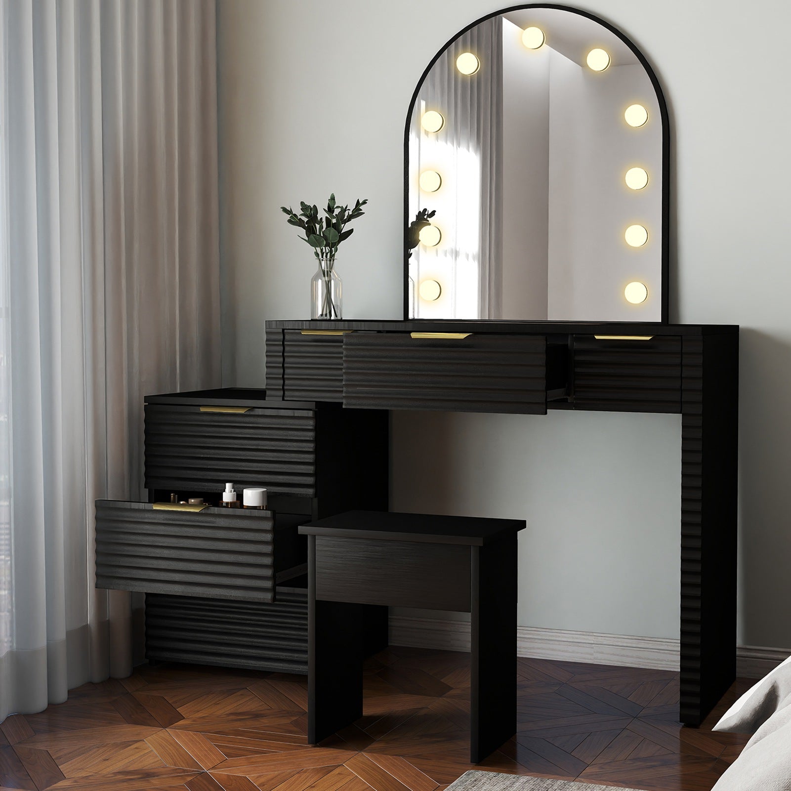 Makeup Vanity Desk with Mirror Lights Glass Tabletop Vanity Table Modern Makeup Desk with Drawers for Bedroom Black US Plug