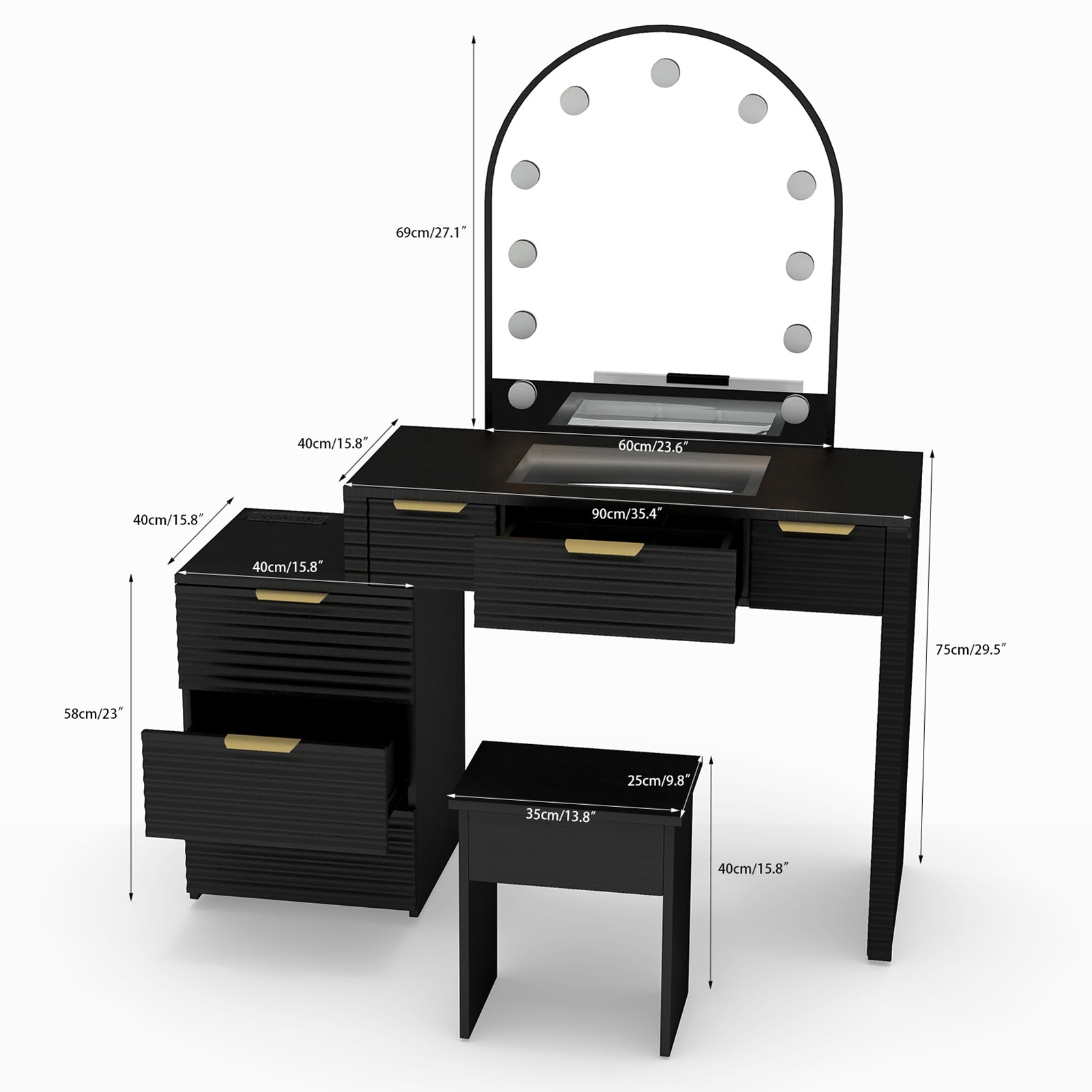 Makeup Vanity Desk with Mirror Lights Glass Tabletop Vanity Table Modern Makeup Desk with Drawers for Bedroom Black US Plug
