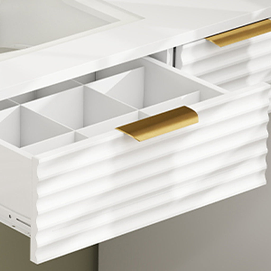 Makeup Vanity Desk with Mirror Lights Glass Tabletop Vanity Table Modern Makeup Desk with Drawers for Bedroom White US Plug