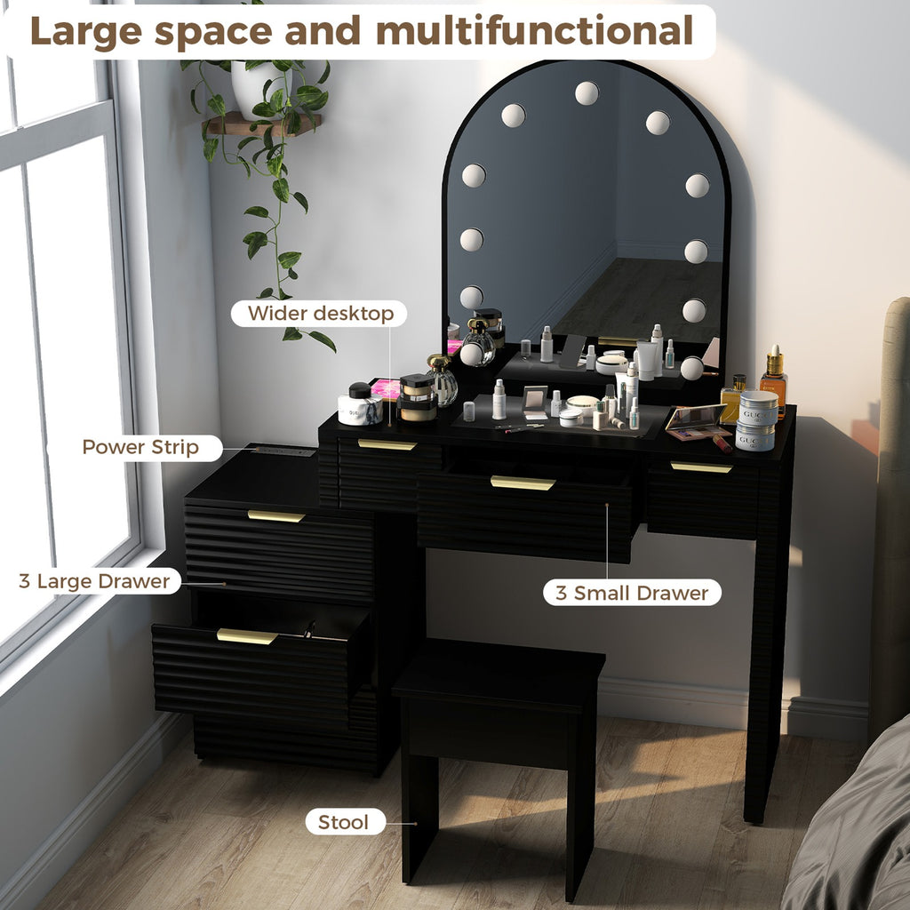Makeup Vanity Desk with Mirror Lights Glass Tabletop Vanity Table Modern Makeup Desk with Drawers for Bedroom Black US Plug
