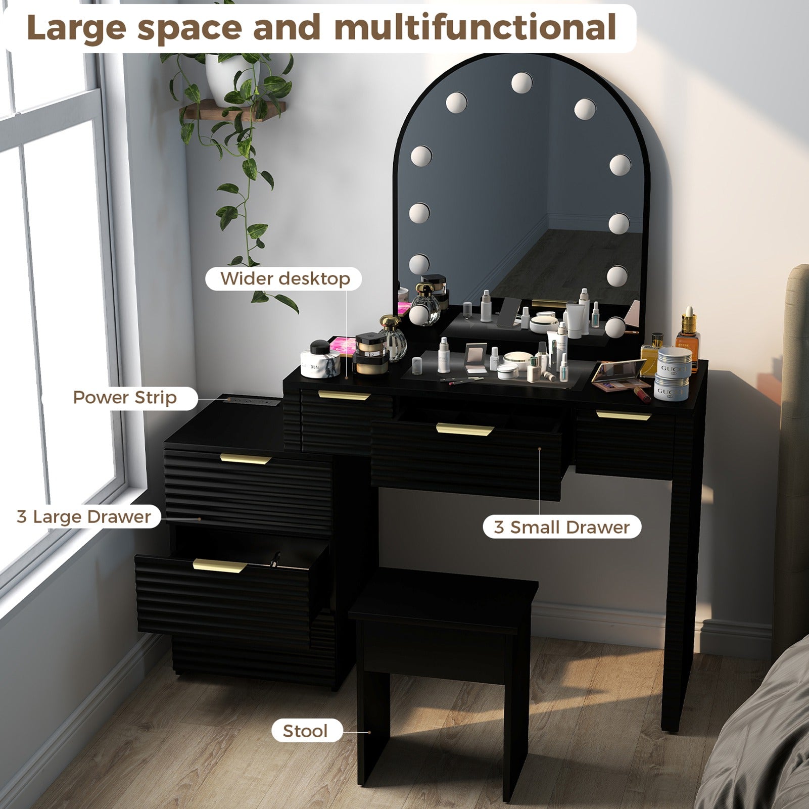 Makeup Vanity Desk with Mirror Lights Glass Tabletop Vanity Table Modern Makeup Desk with Drawers for Bedroom Black US Plug