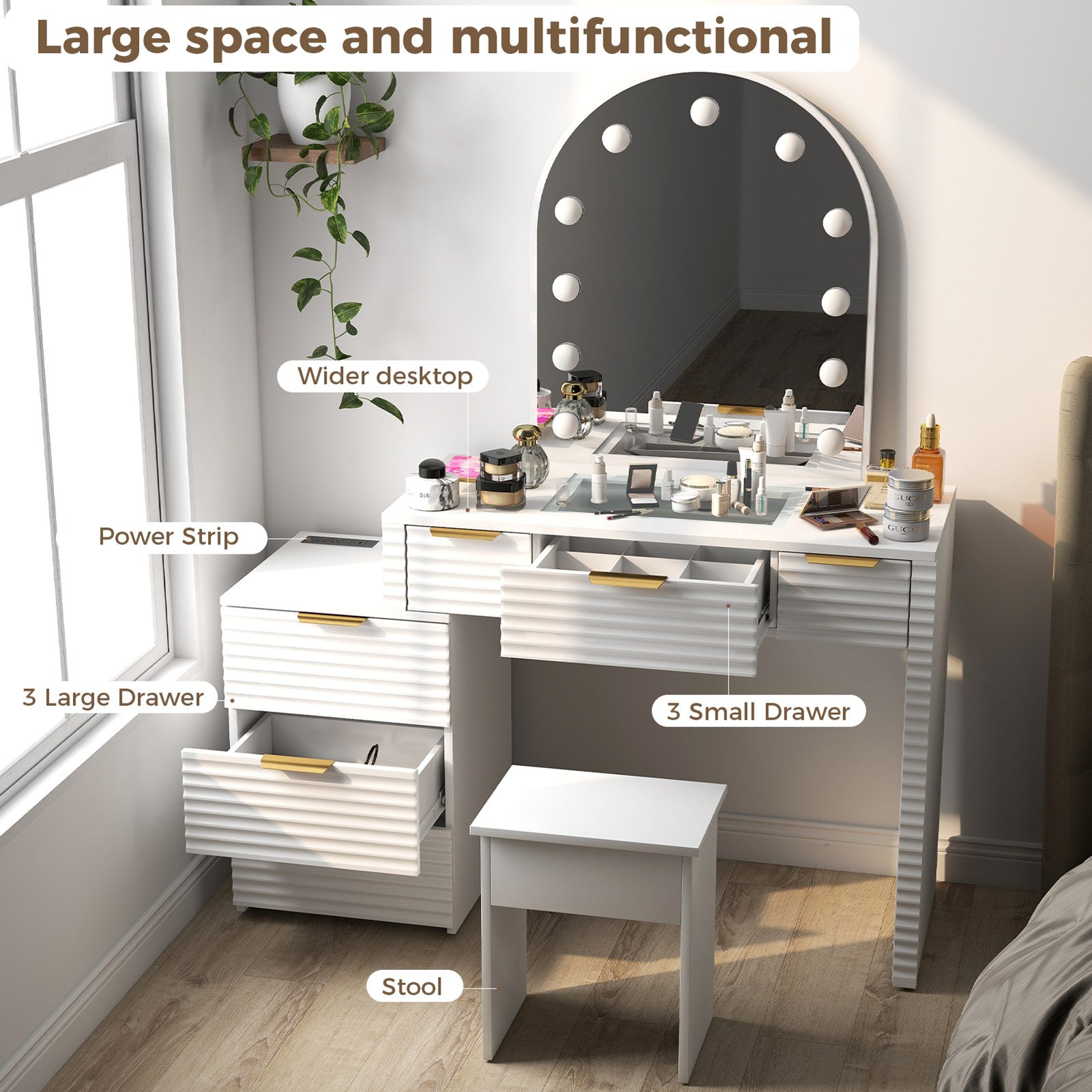 Makeup Vanity Desk with Mirror Lights Glass Tabletop Vanity Table Modern Makeup Desk with Drawers for Bedroom White US Plug