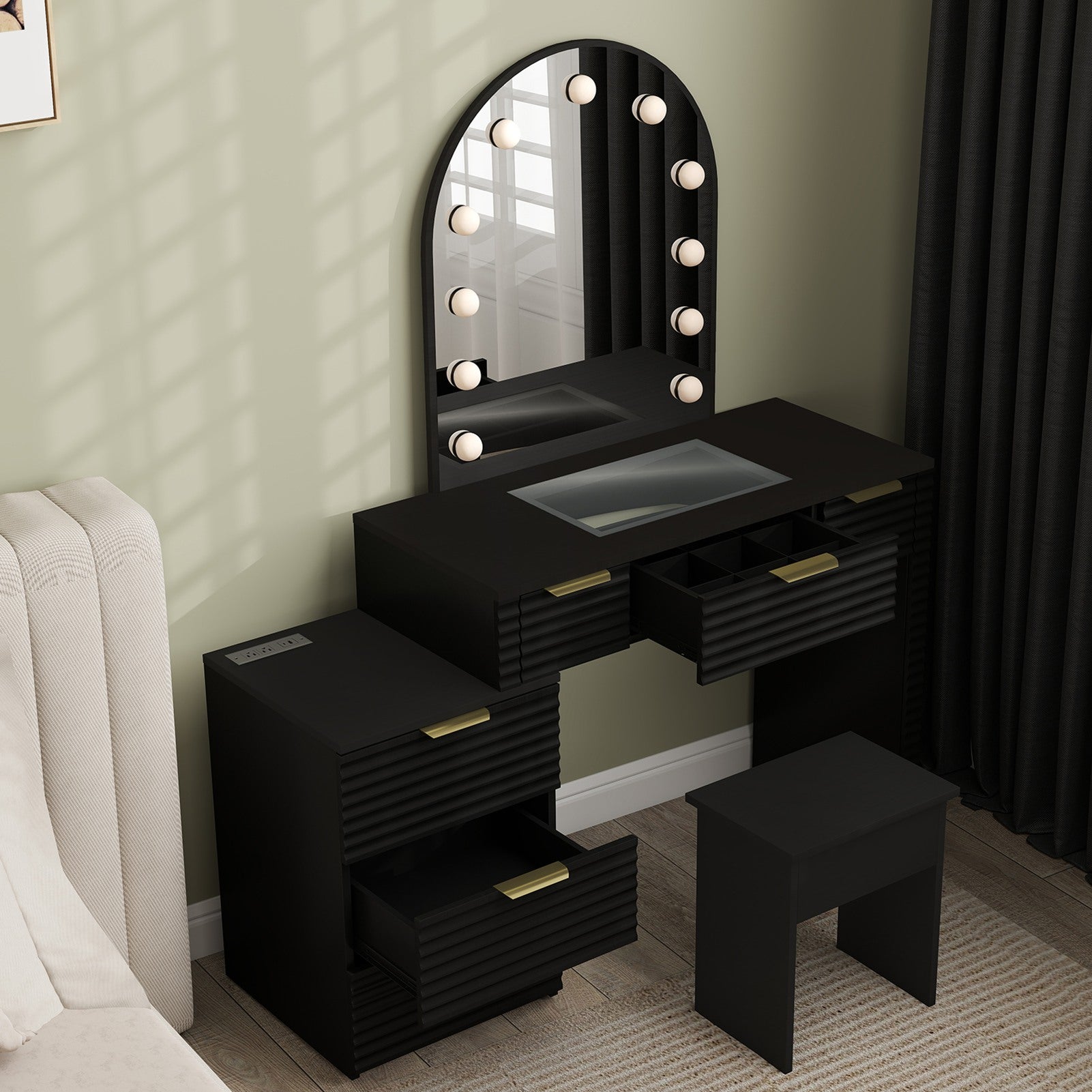 Makeup Vanity Desk with Mirror Lights Glass Tabletop Vanity Table Modern Makeup Desk with Drawers for Bedroom Black US Plug
